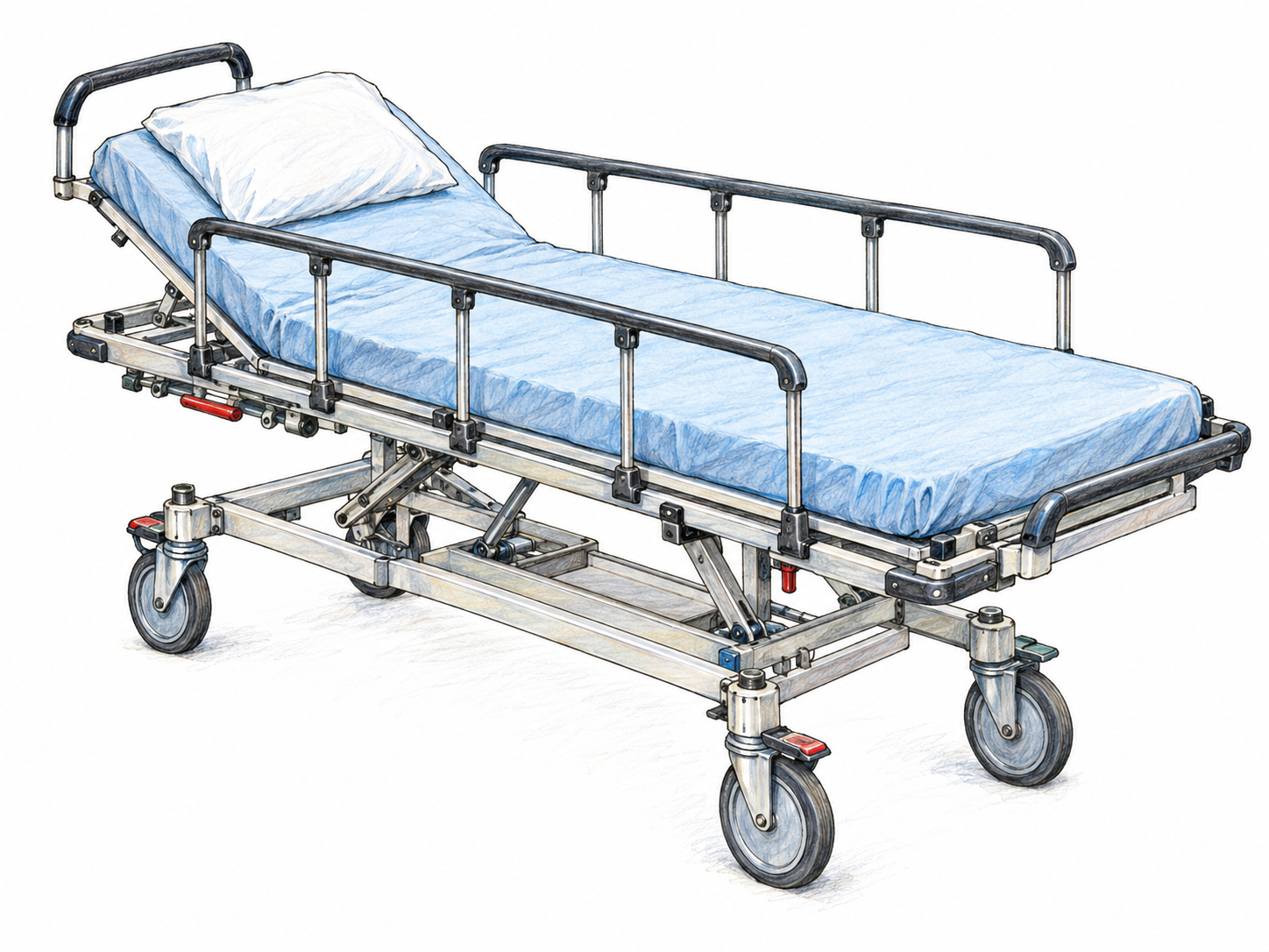 An isolated modern hospital gurney in three-quarter view, with a narrow padded stretcher surface, raised safety rails, an exposed metal undercarriage and four large swivel casters.
