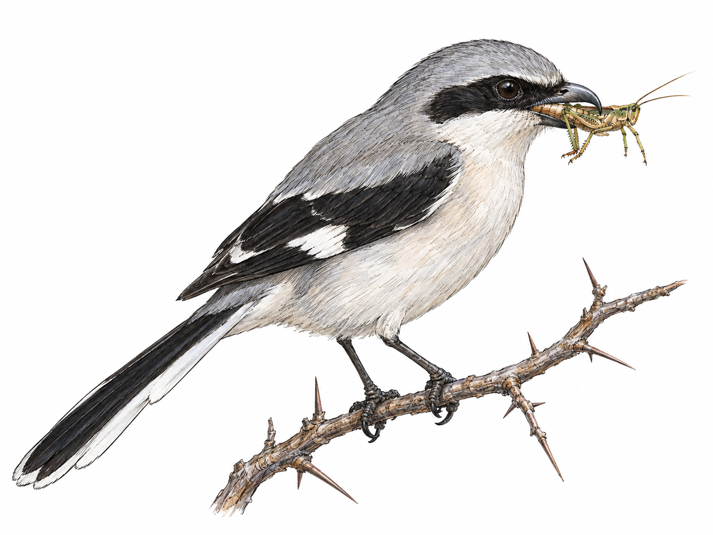 A shrike in clear side profile on a thorny twig, its hooked bill prominent as it grips a captured grasshopper, showing both songbird anatomy and predatory feeding.