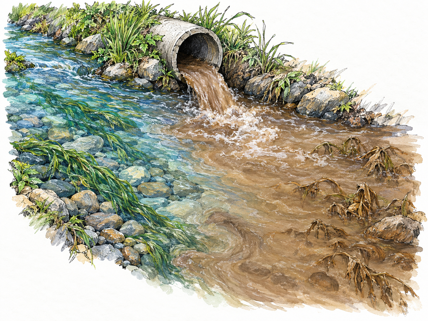 An industrial outflow degrades a clear stream: transparent water over clean stones becomes murky brown downstream of the discharge, with submerged plants visibly deteriorating.
