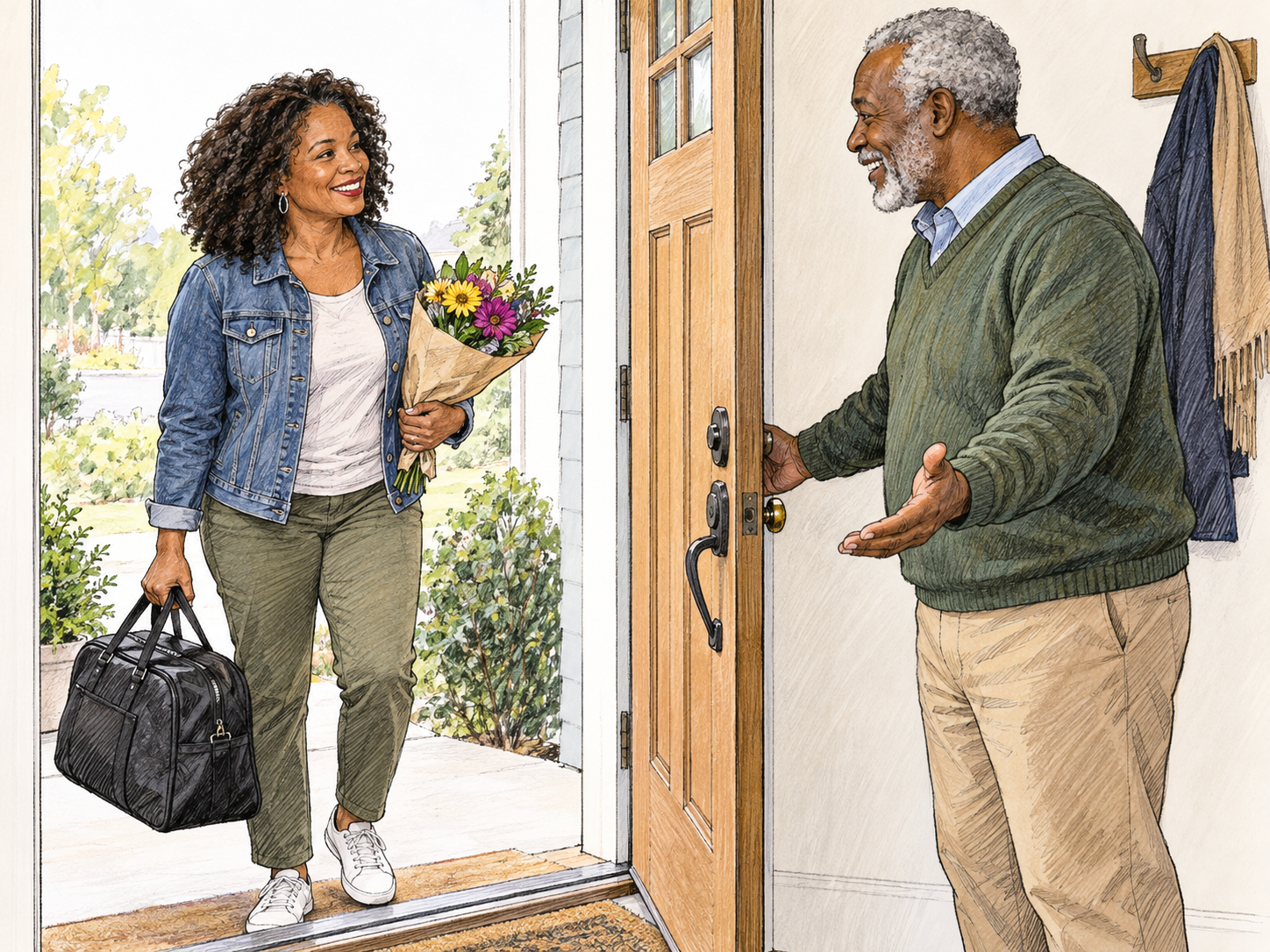 A visitor carrying a small overnight bag and a bouquet is warmly welcomed through a home's open doorway by the host, who gestures inward.