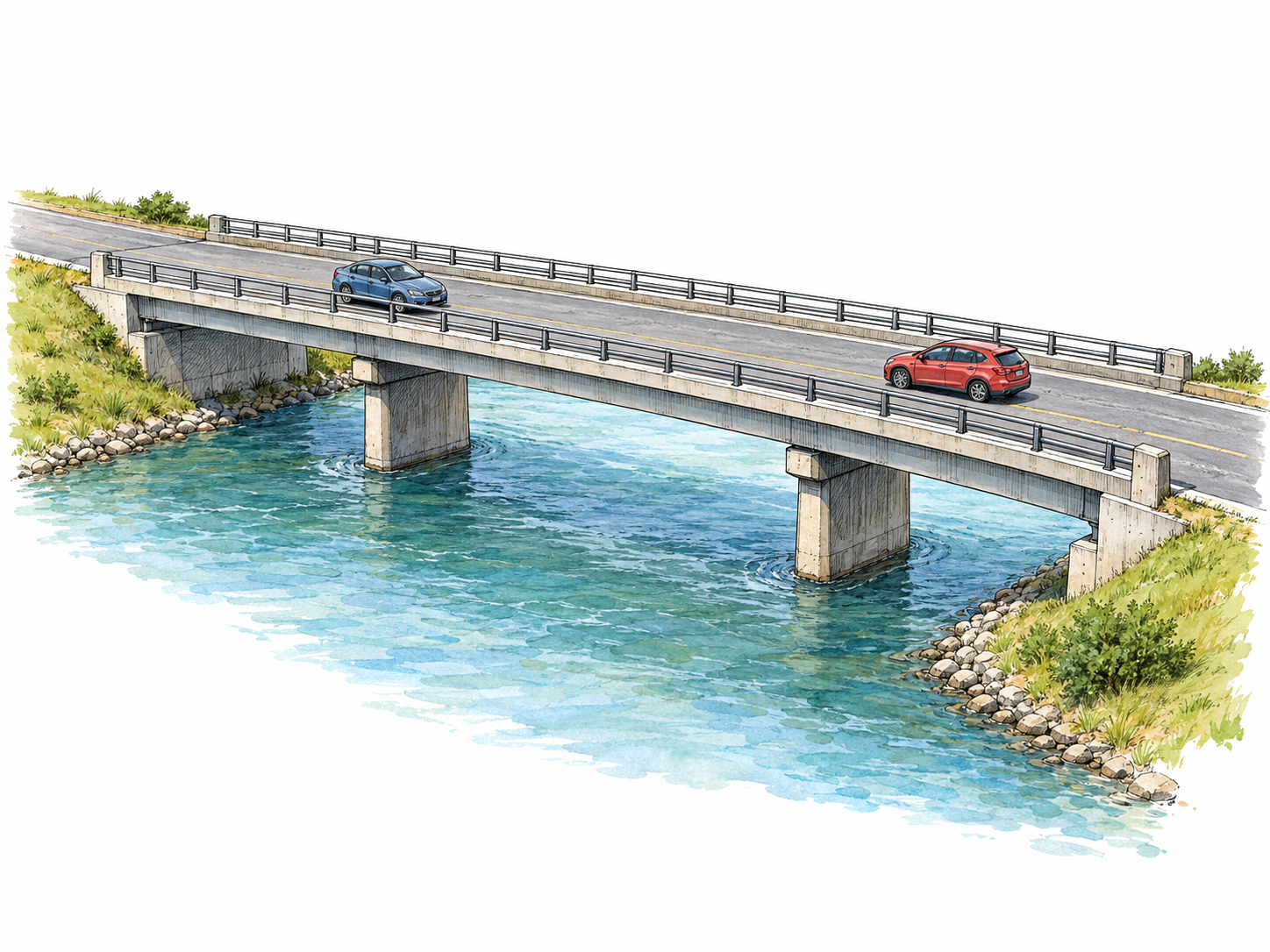 A road bridge spans a river, with two cars traveling across its supported deck.
