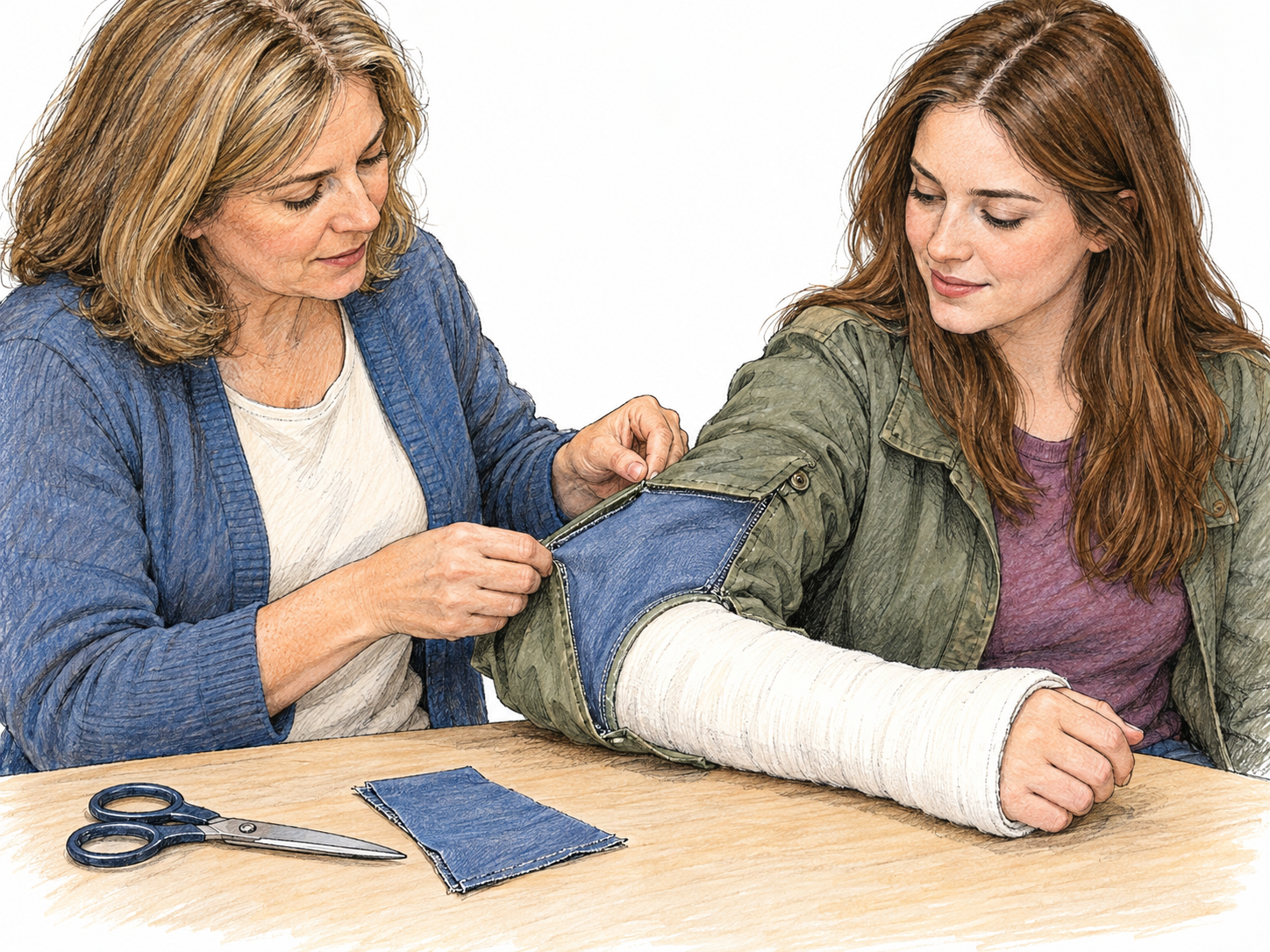 A woman adapts a young woman's jacket to accommodate a bulky forearm cast by opening its sleeve seam and inserting a wider fabric panel.