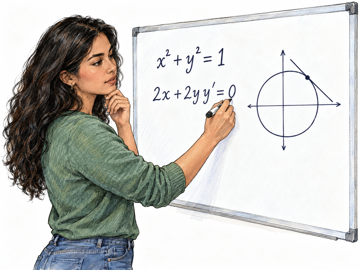 A mathematician develops a mathematical proof on a small whiteboard, studying an equation and a linked geometric diagram with focused attention.