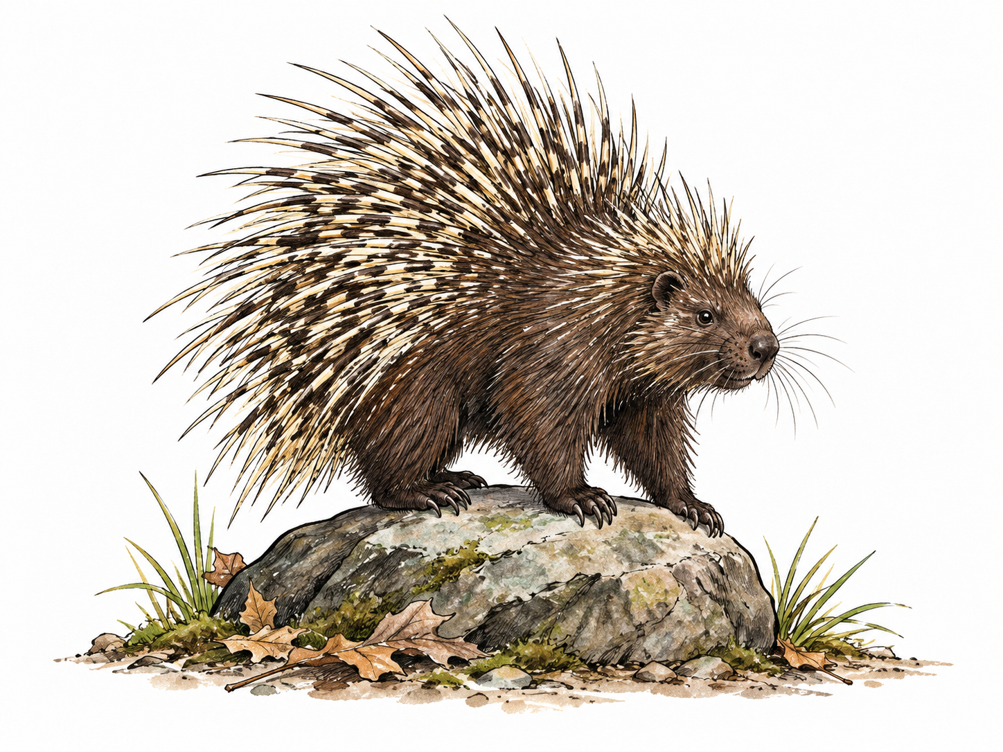 A porcupine stands on a woodland rock, short muzzle, compact rodent body and clear dense sharp quills raised defensively; anatomically realistic, not a hedgehog.