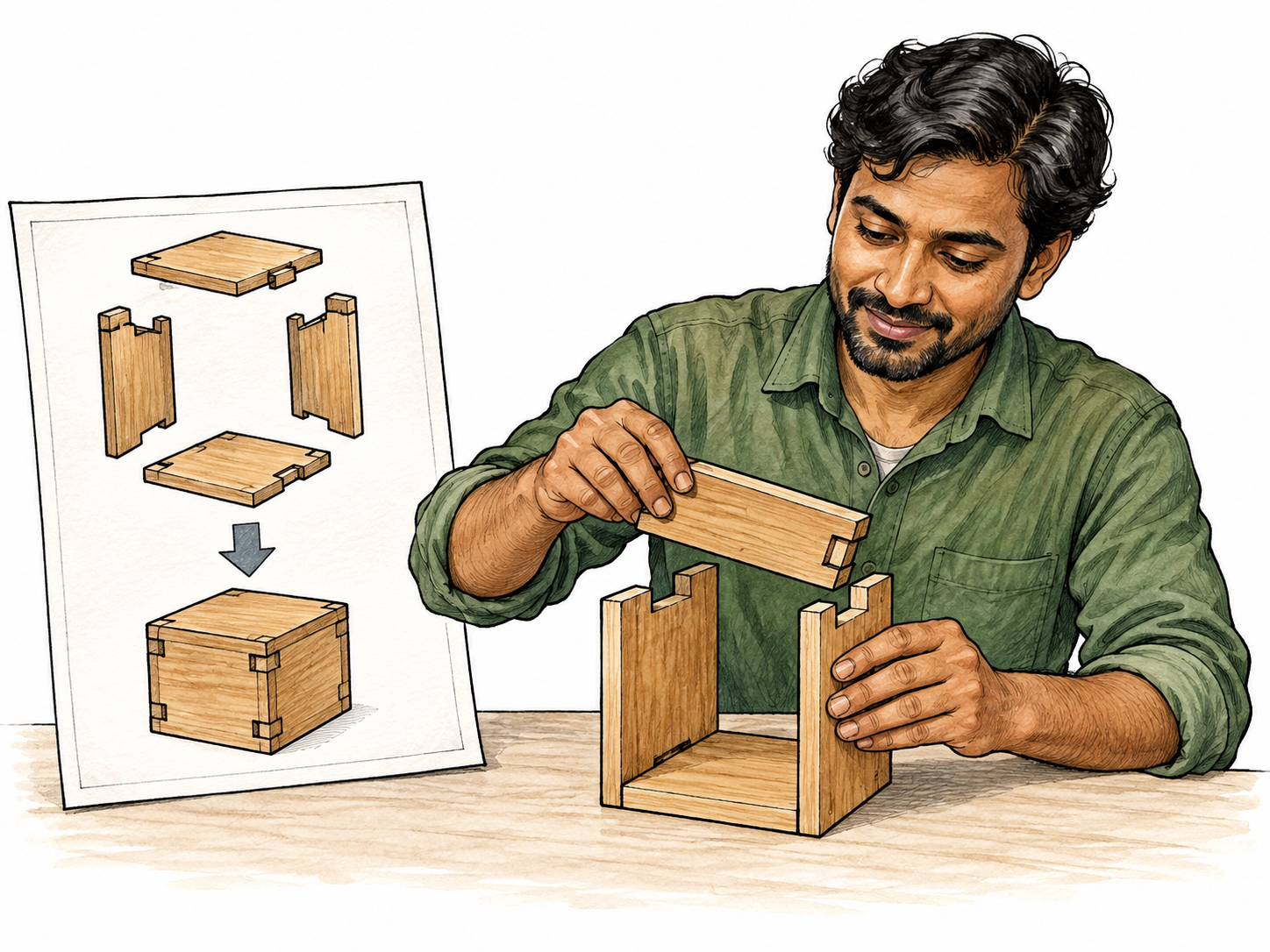 A clear simple assembly drawing of three wooden blocks with matching shaped slots and one assembly arrow; an adult follows it easily and has nearly completed the object, no words.