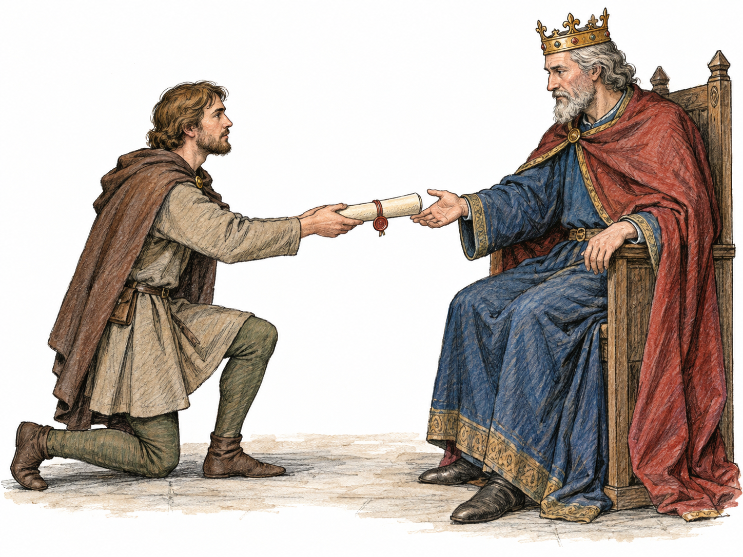 A medieval messenger extends a sealed scroll unto a seated king: a clear recipient-directed action within an unmistakably formal, archaic setting.