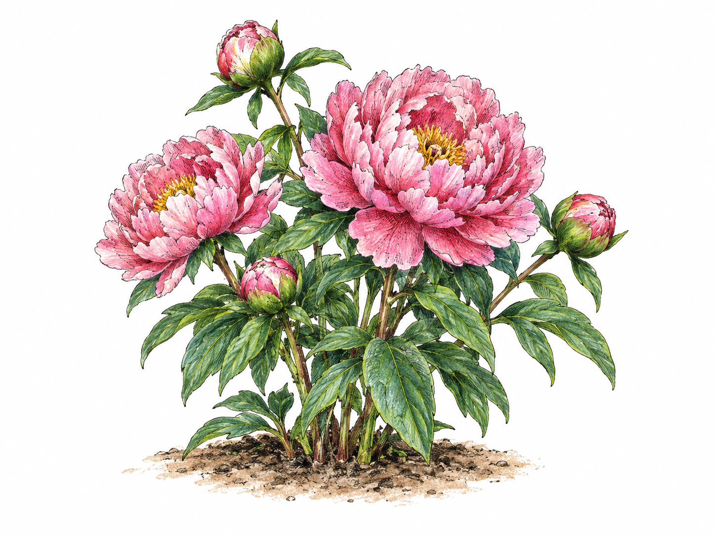 One peony plant shows successive buds and fully open blossoms together during its flowering period, green leaves and small soil patch, isolated botanical vignette.