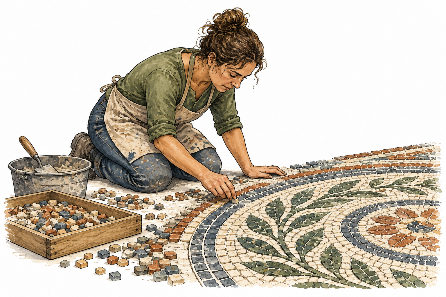 Adult painstakingly lays hundreds of small mosaic tiles, long detailed effort.