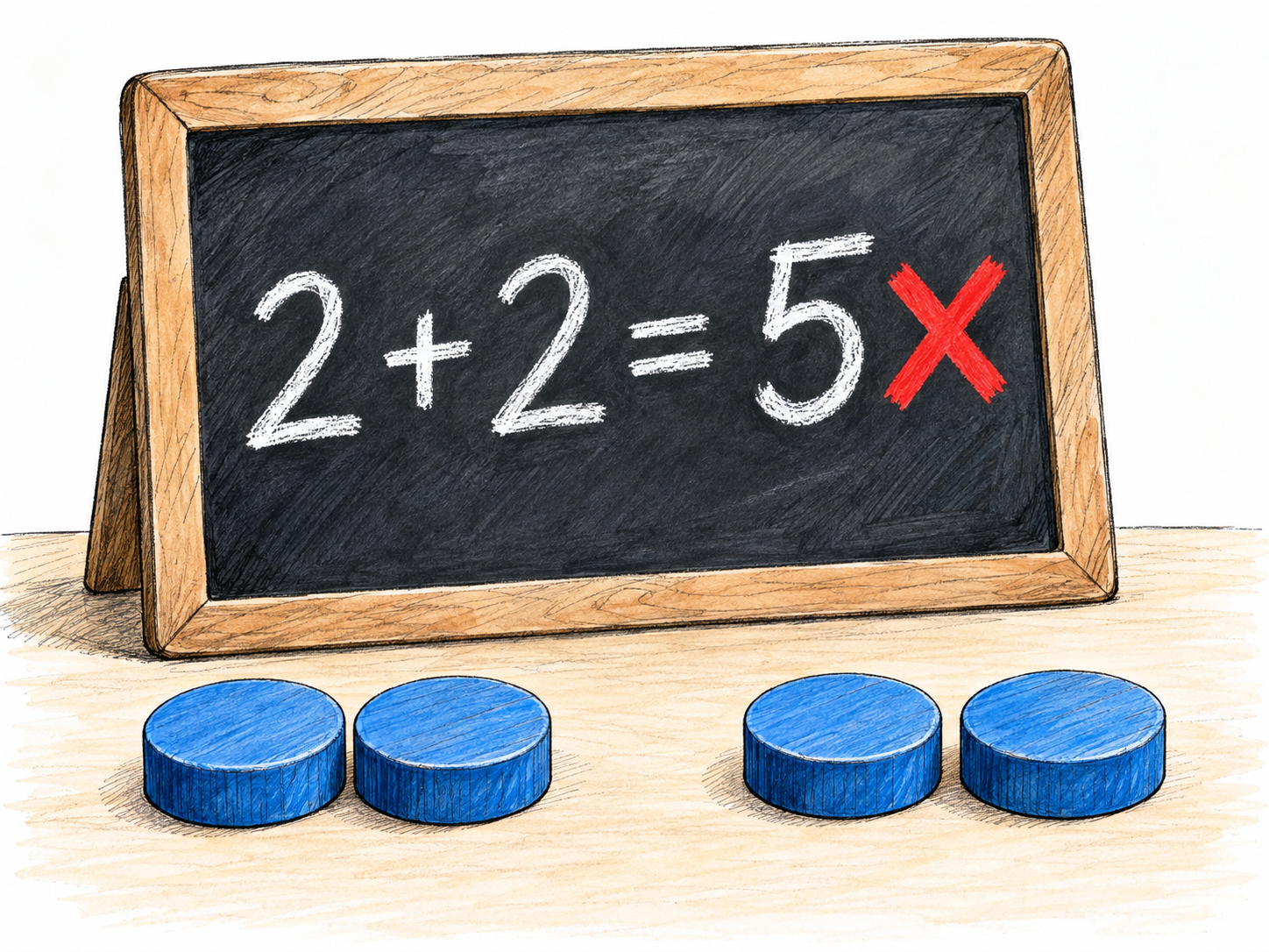 An incorrect arithmetic result on a small slate, visibly contradicted by two pairs of counters totaling four.