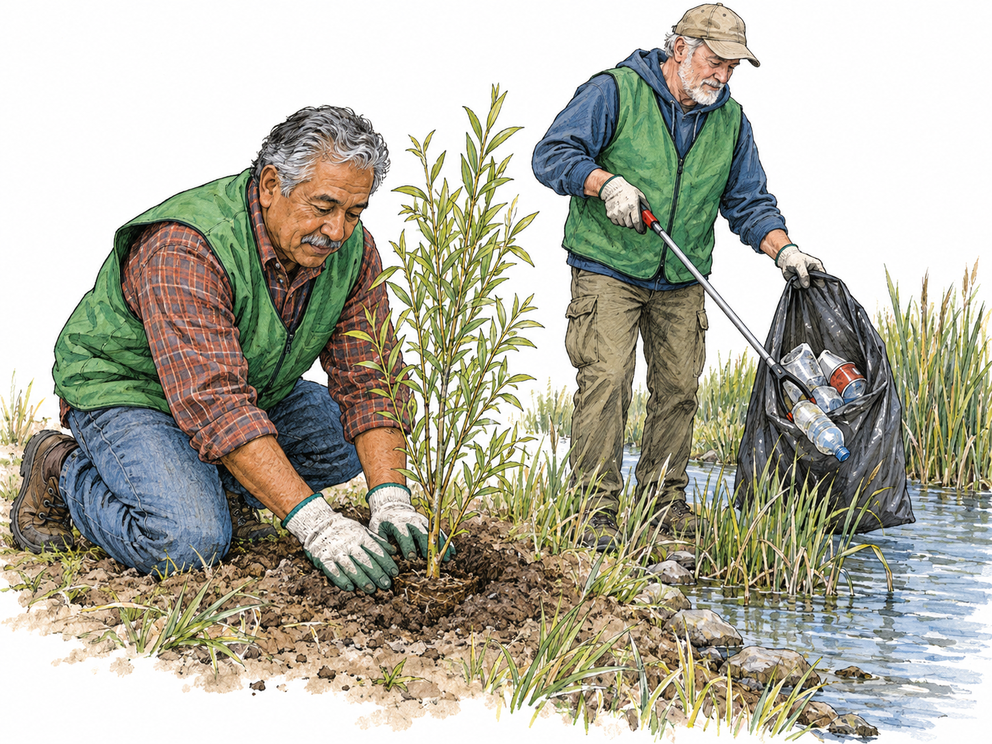 Two volunteers restore a small riverbank habitat: one plants a native sapling beside the water while the other removes plastic litter from the reeds.
