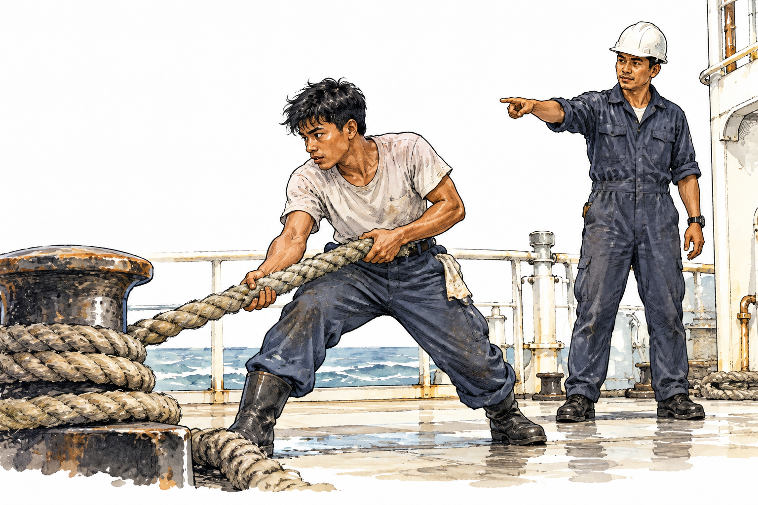 Young Filipino deck sailor in plain workwear hauling a ship rope under supervision, below-officer working role, no badges or writing.
