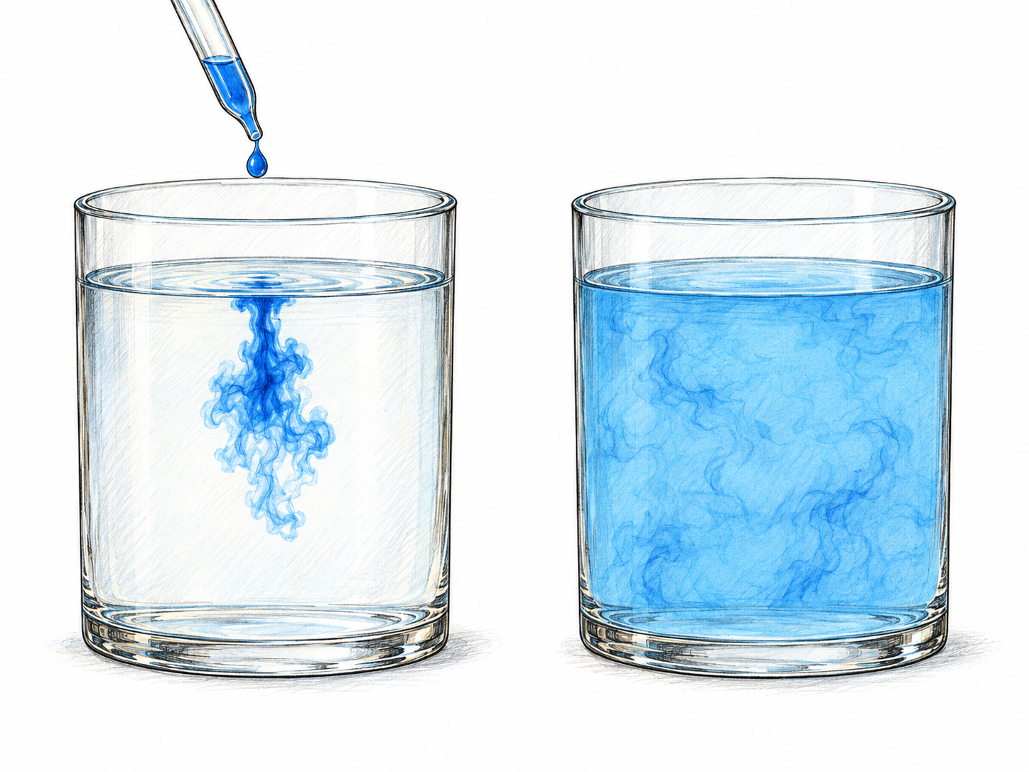 A two-stage close-up of dye spreading through water: a concentrated blue drop enters a clear glass vessel, then blue color reaches the entire volume, including the surface, sides, and bottom.