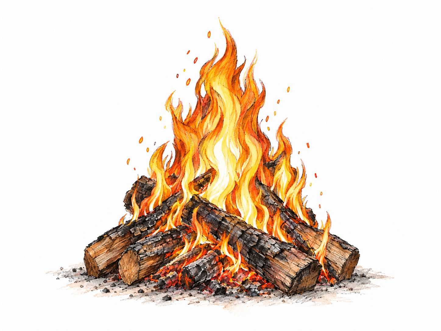 A vigorous blaze rising from a small stack of burning logs, with tall bright flames, glowing embers, and a few sparks.