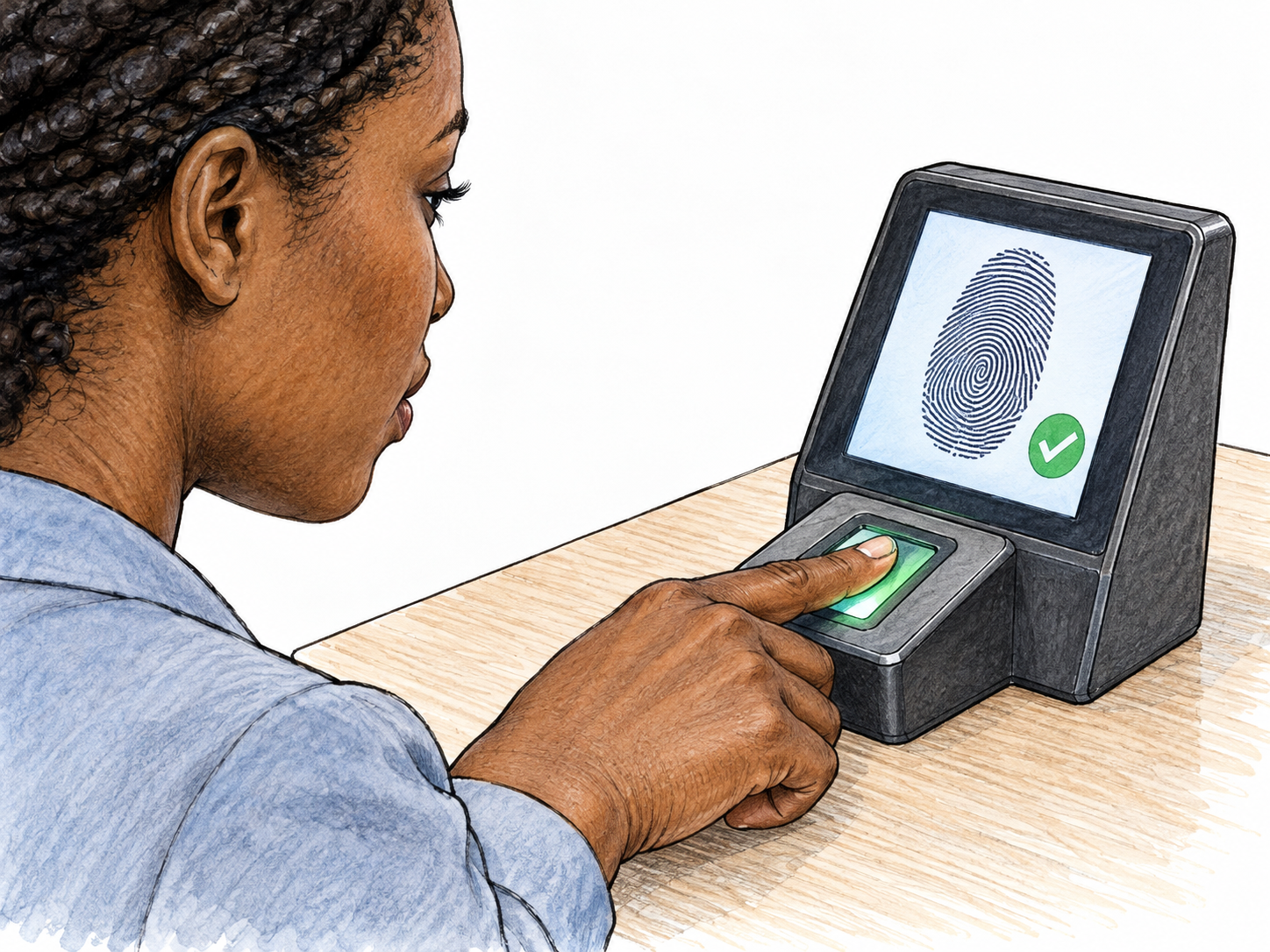 Close view of an adult pressing a fingertip onto a small fingerprint scanner, screen shows only the matching whorl fingerprint shape and a small green tick; focus identification trait, not generic phone use.