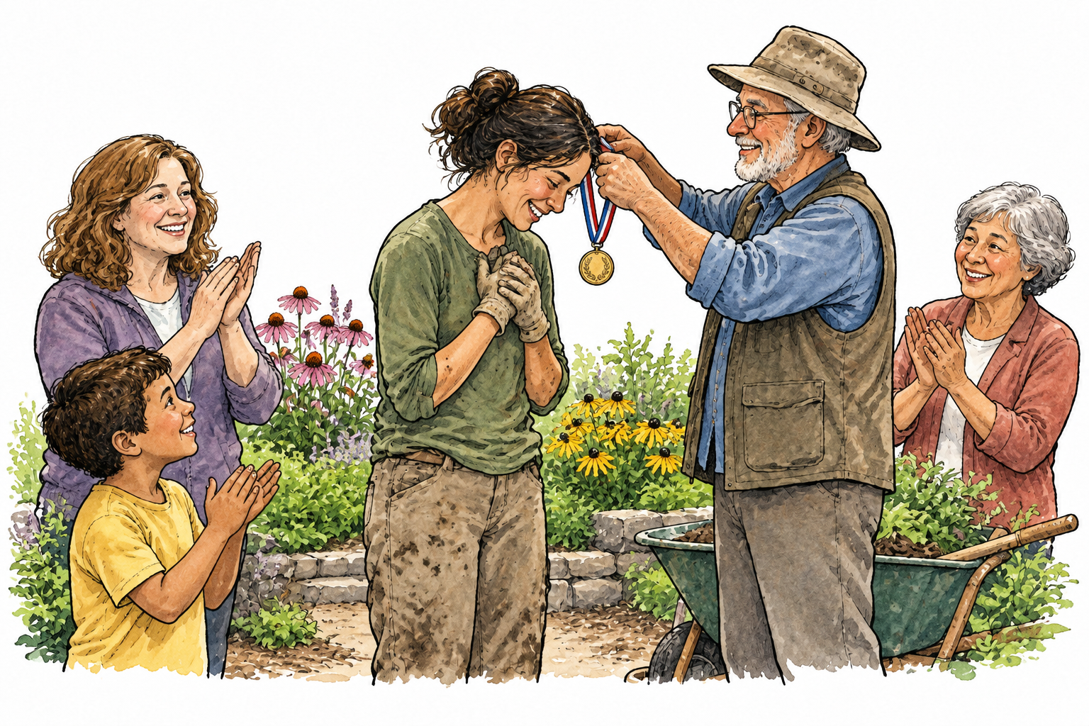 A volunteer who has restored a neglected public garden receives a modest medal from grateful neighbors.