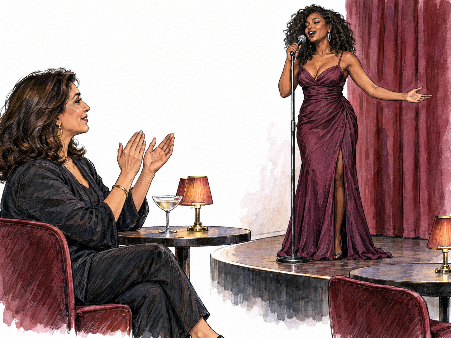 An intimate nightclub cabaret performance: a singer performs on a small raised stage while a seated guest watches from a close-set cocktail table.