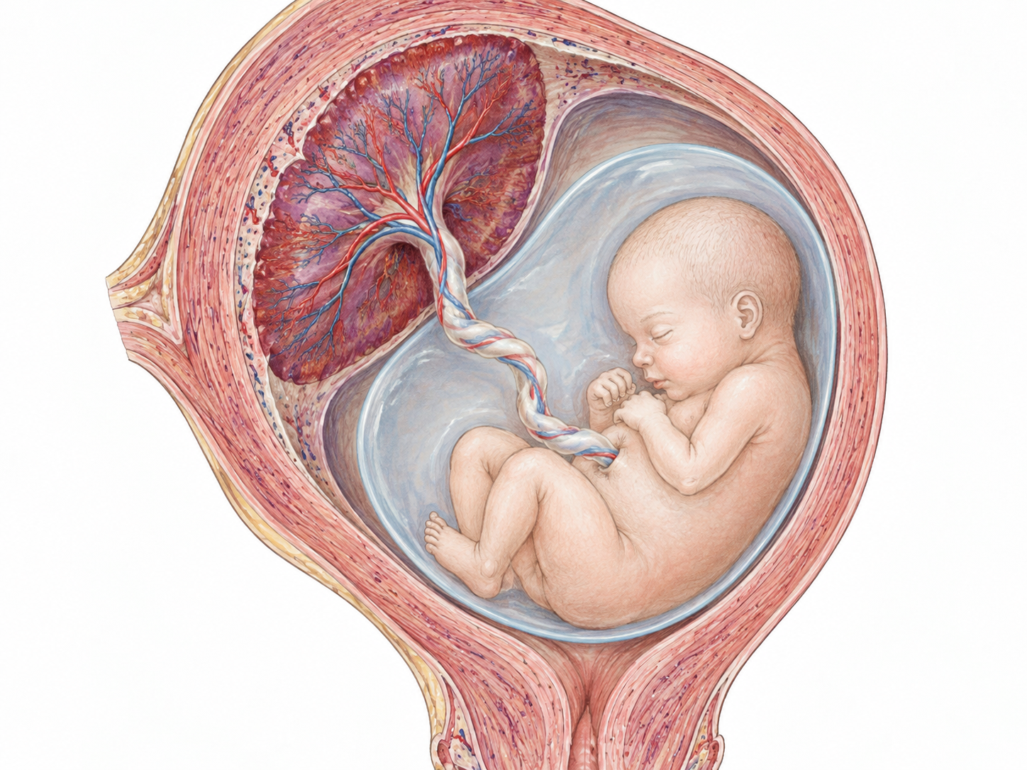 A placenta attached to the uterine wall connects by umbilical cord to the fetus.