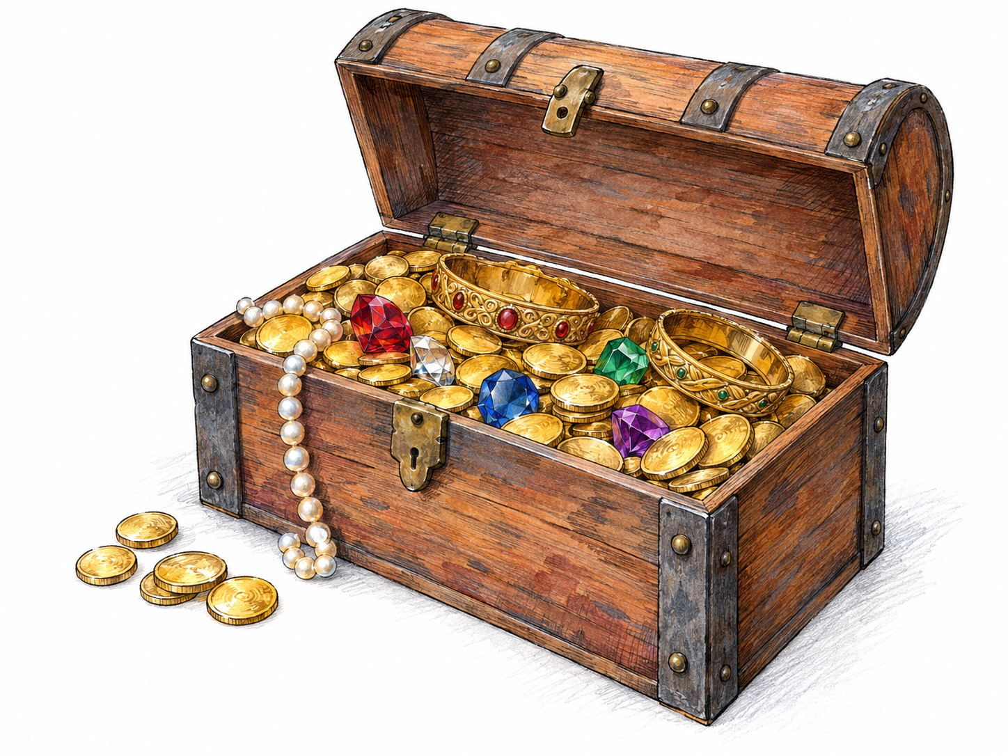 An open wooden chest holding a rich collection of gold coins, loose gemstones, and finely crafted jewelry, making a valuable store of things immediately clear.