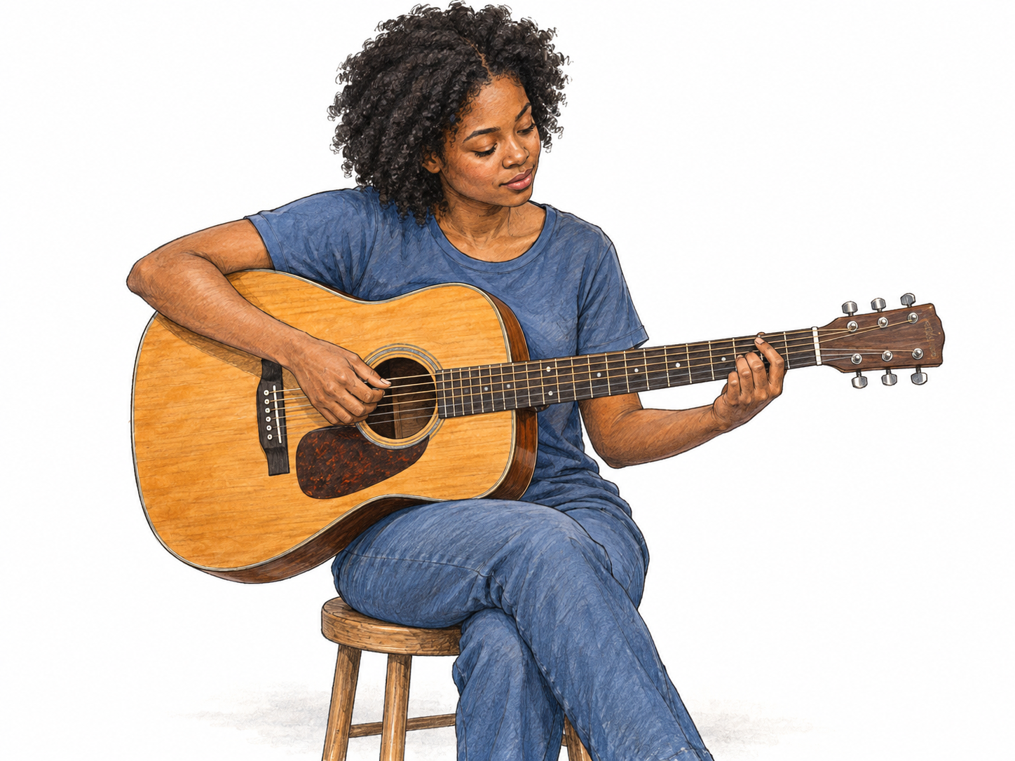 A young woman plays a traditional acoustic guitar, with its hollow wooden body, circular sound hole and strings clearly visible and no amplification equipment.