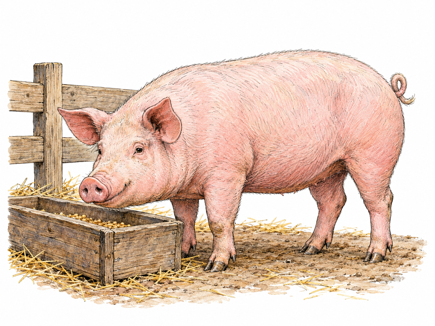 A sturdy domestic pig standing beside a feeding trough in a simple farm pen, with its broad snout, bristly pink body, cloven hooves and curled tail clearly visible.
