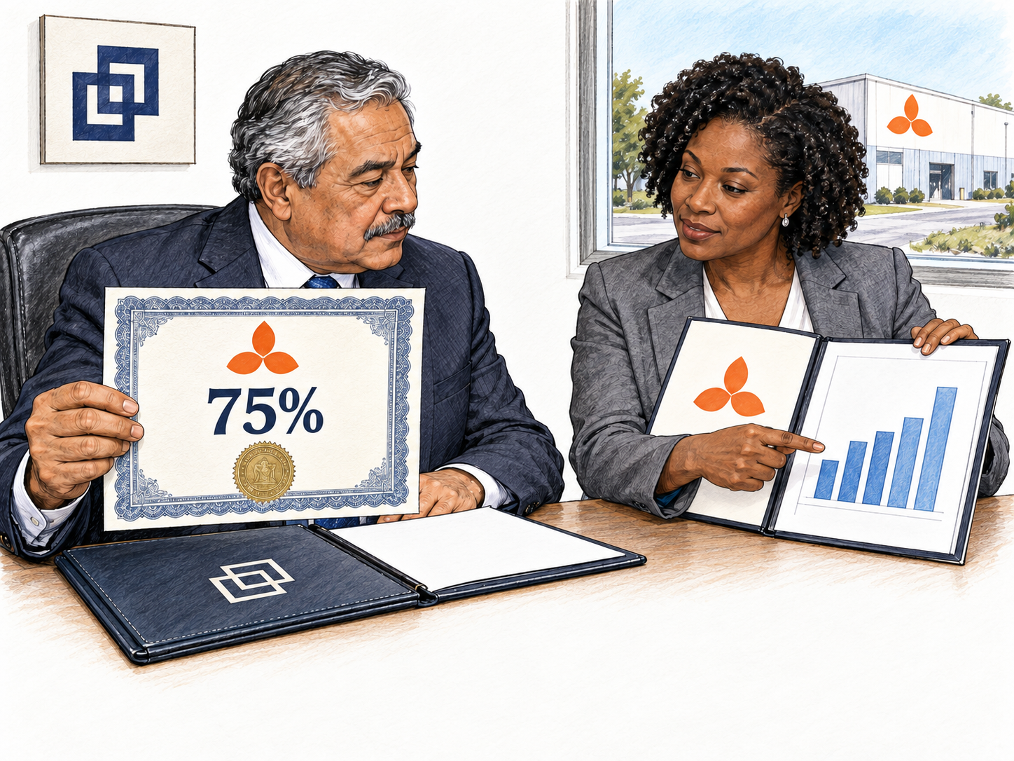 A separately branded operating company under another company's majority ownership: its executive reports to the parent-company executive, who holds a majority-share certificate bearing the operating company's emblem.