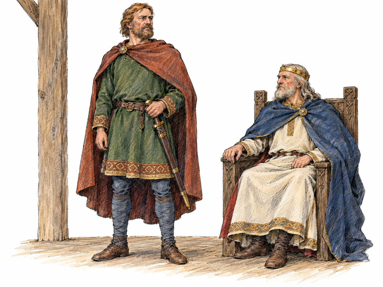A late Anglo-Saxon thane stands beside his seated king in a sparsely suggested timber hall, his fine wool clothing and sheathed sword indicating the standing of a noble royal follower.