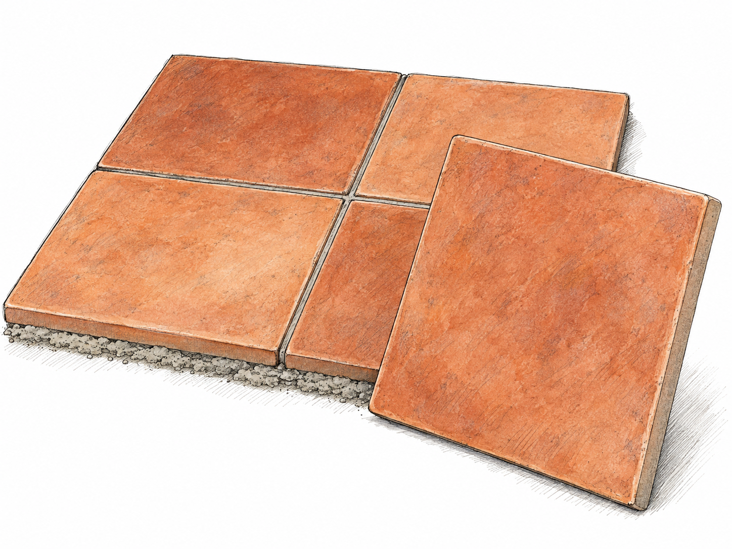 A single thin square ceramic floor tile rests tilted against a small section of matching installed tiles, making its flat face, slim edge, and covering function visible together.