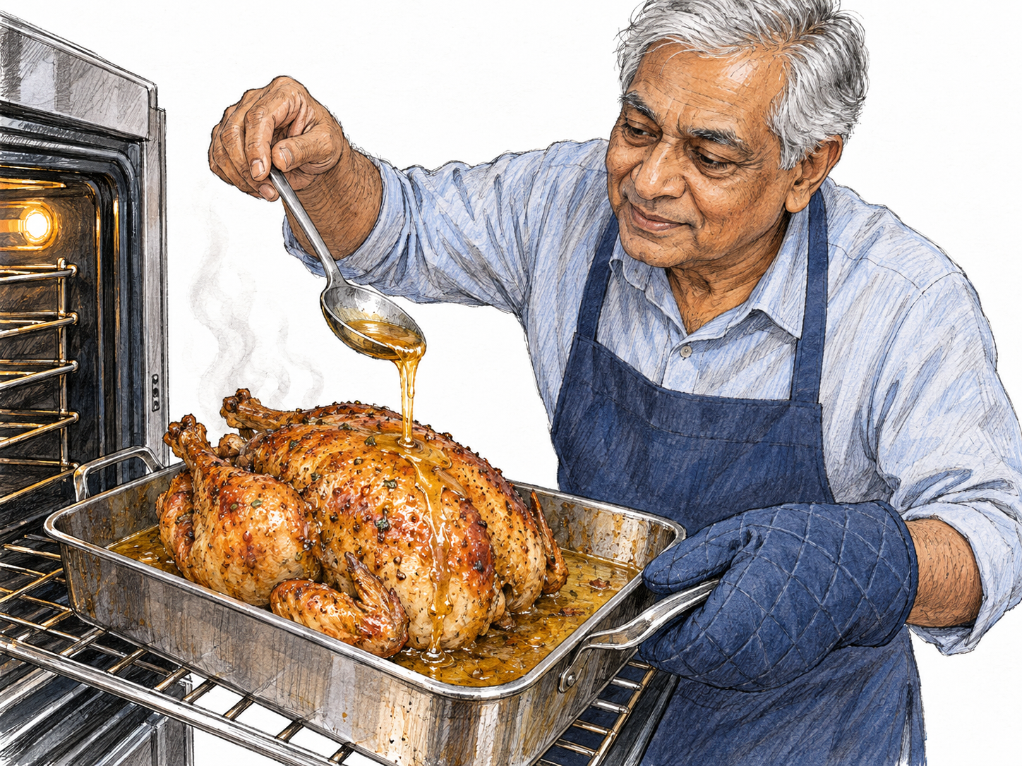 An older cook spoons golden pan juices over a roasting chicken on a pulled-out oven rack, with the liquid visibly running over the bird and back into the roasting pan.