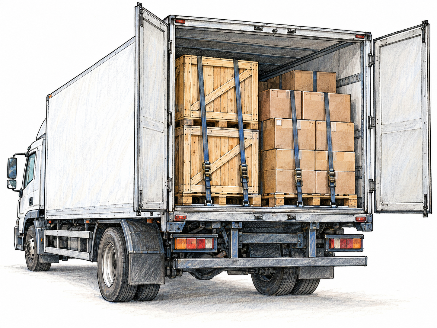 An open-backed freight truck reveals securely strapped pallets of crates and cartons, making the transported goods the visual focus.