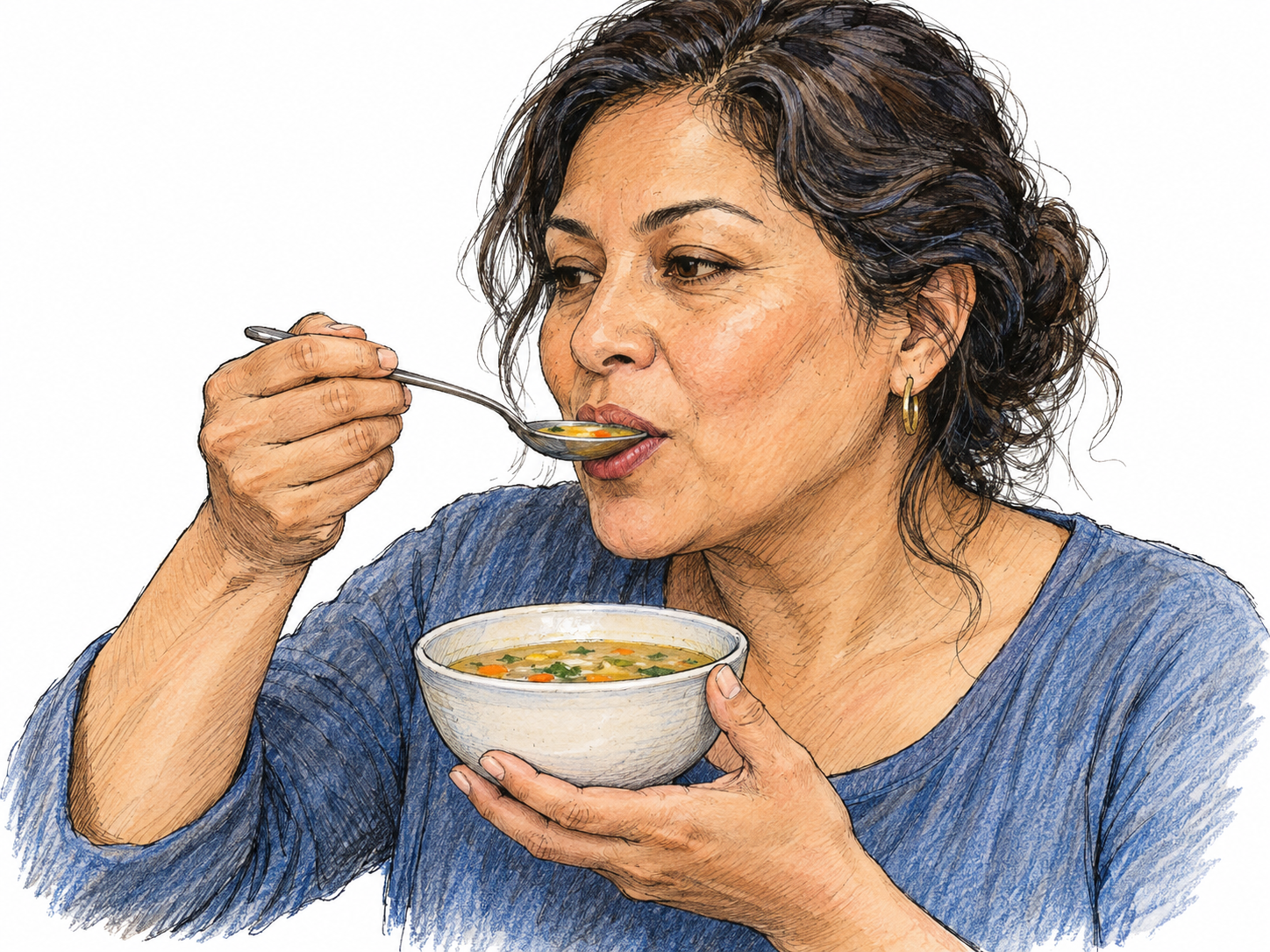 A close three-quarter view of a woman actively taking a spoonful of food into her mouth, with the spoon bowl crossing her lips and a small bowl of soup held below.