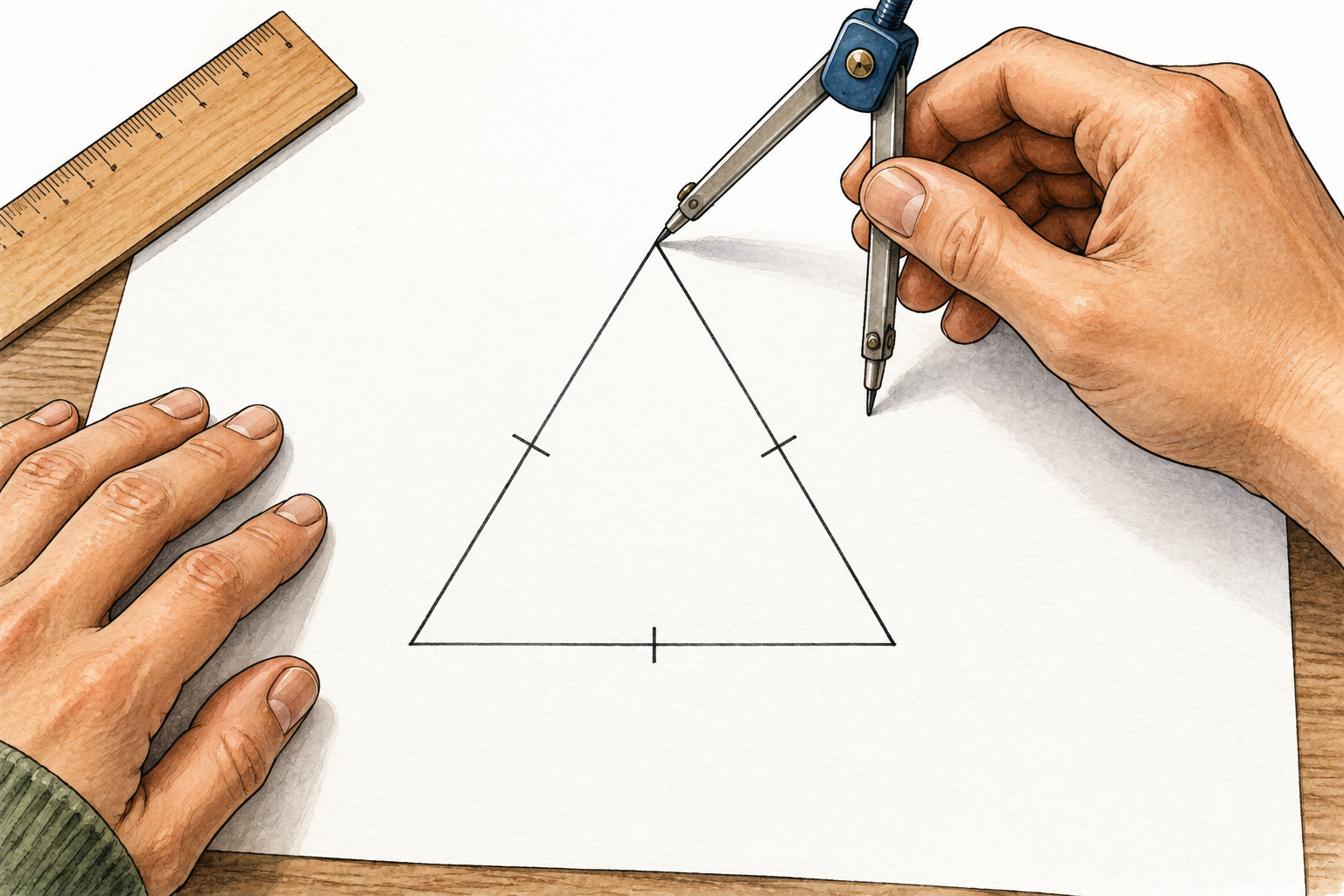 A precise equilateral triangle drawn with ruler and compass on plain paper, one identical short tick mark at midpoint of each of its three equal sides, no words or numerals.