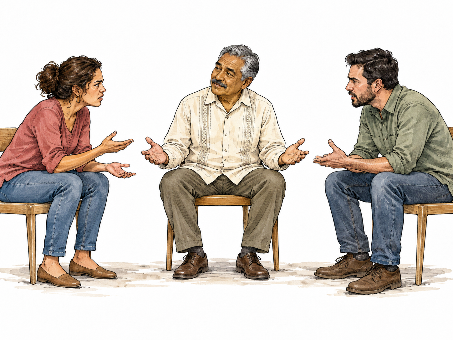 An older Latino mediator sits peacefully with open hands between disagreeing adults.