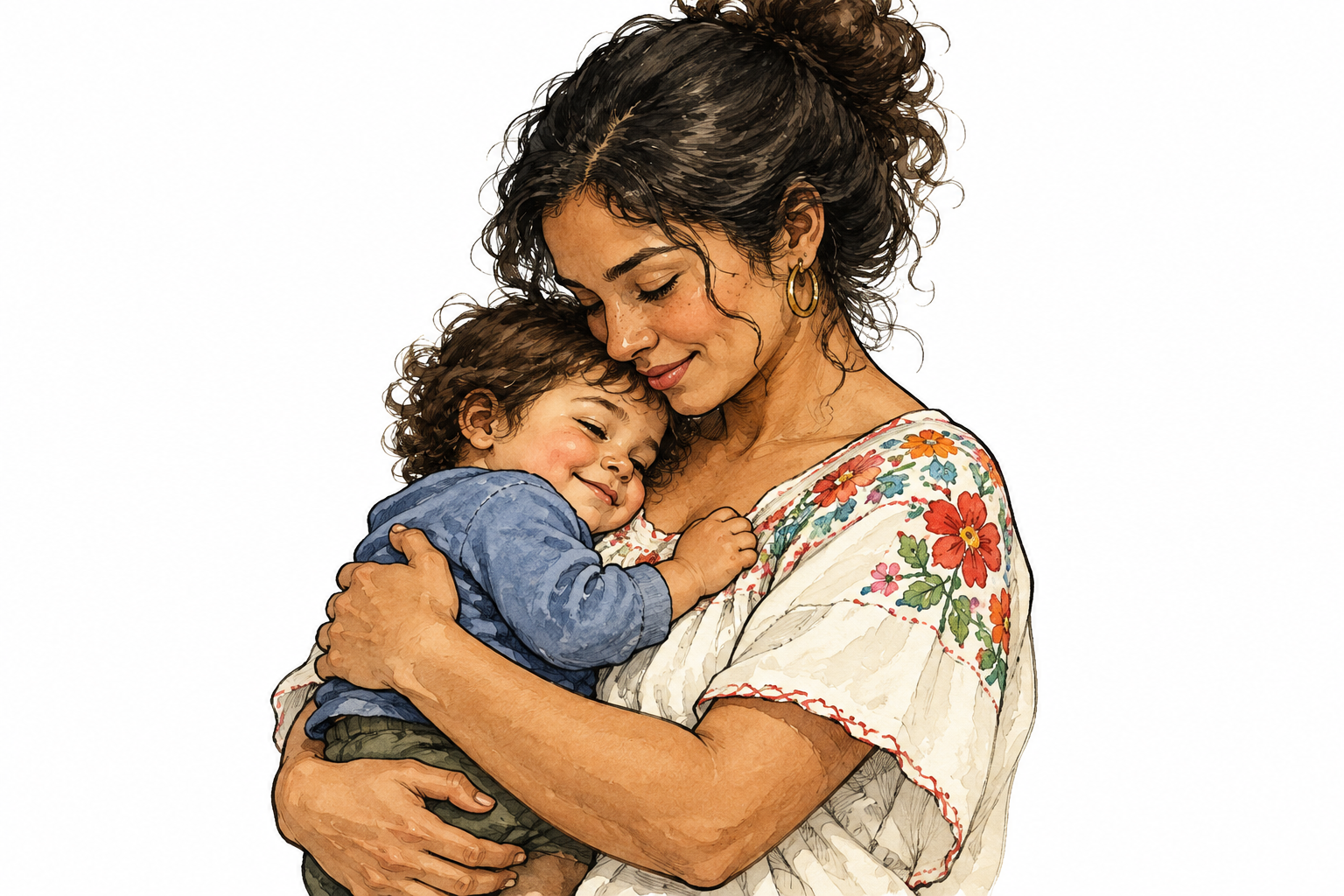 A Latina mother holds her child close in a tender protective gesture.