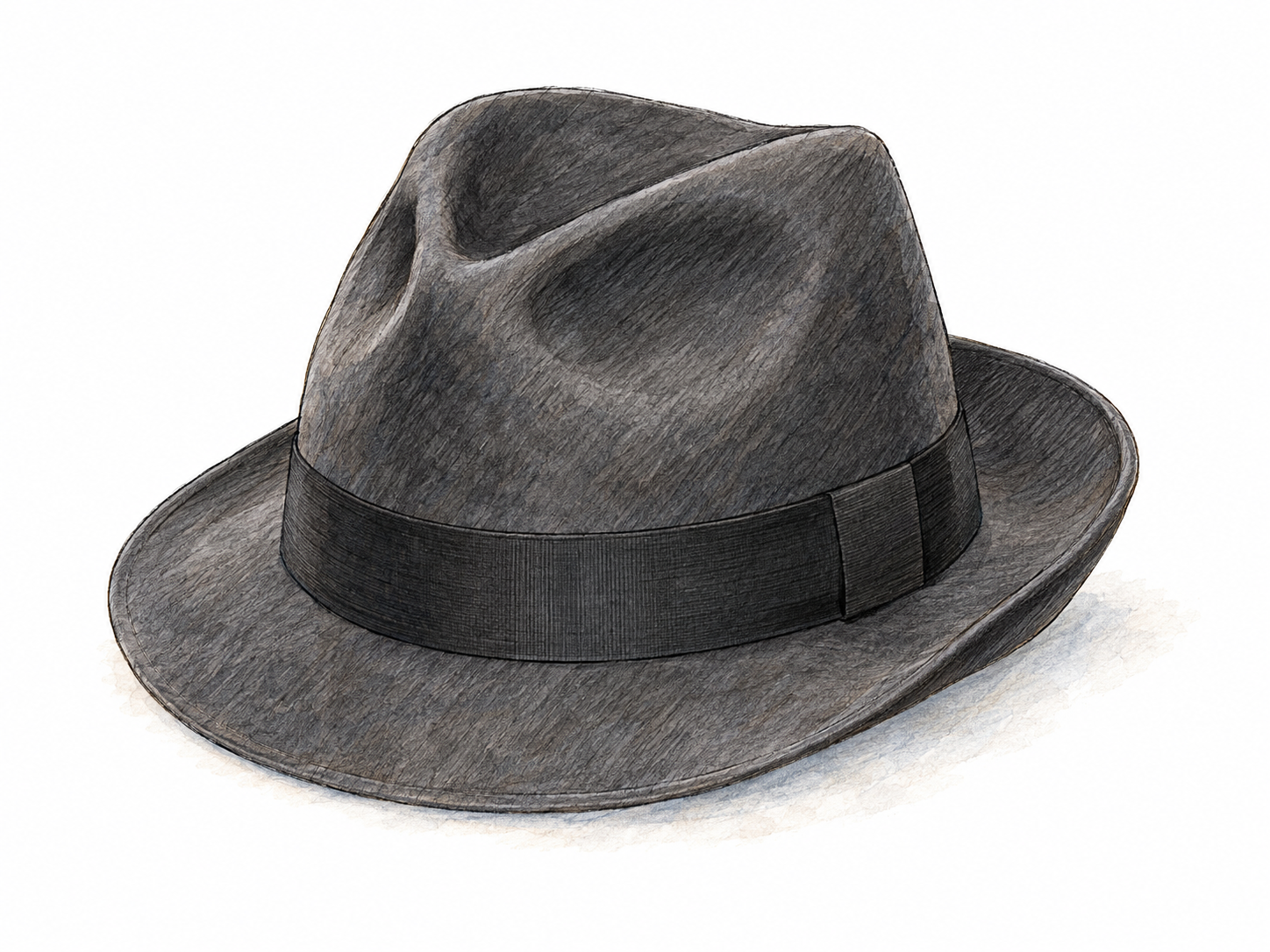 A single soft felt fedora in three-quarter view, clearly showing its lengthwise crown crease, pinched front, and moderately wide brim.