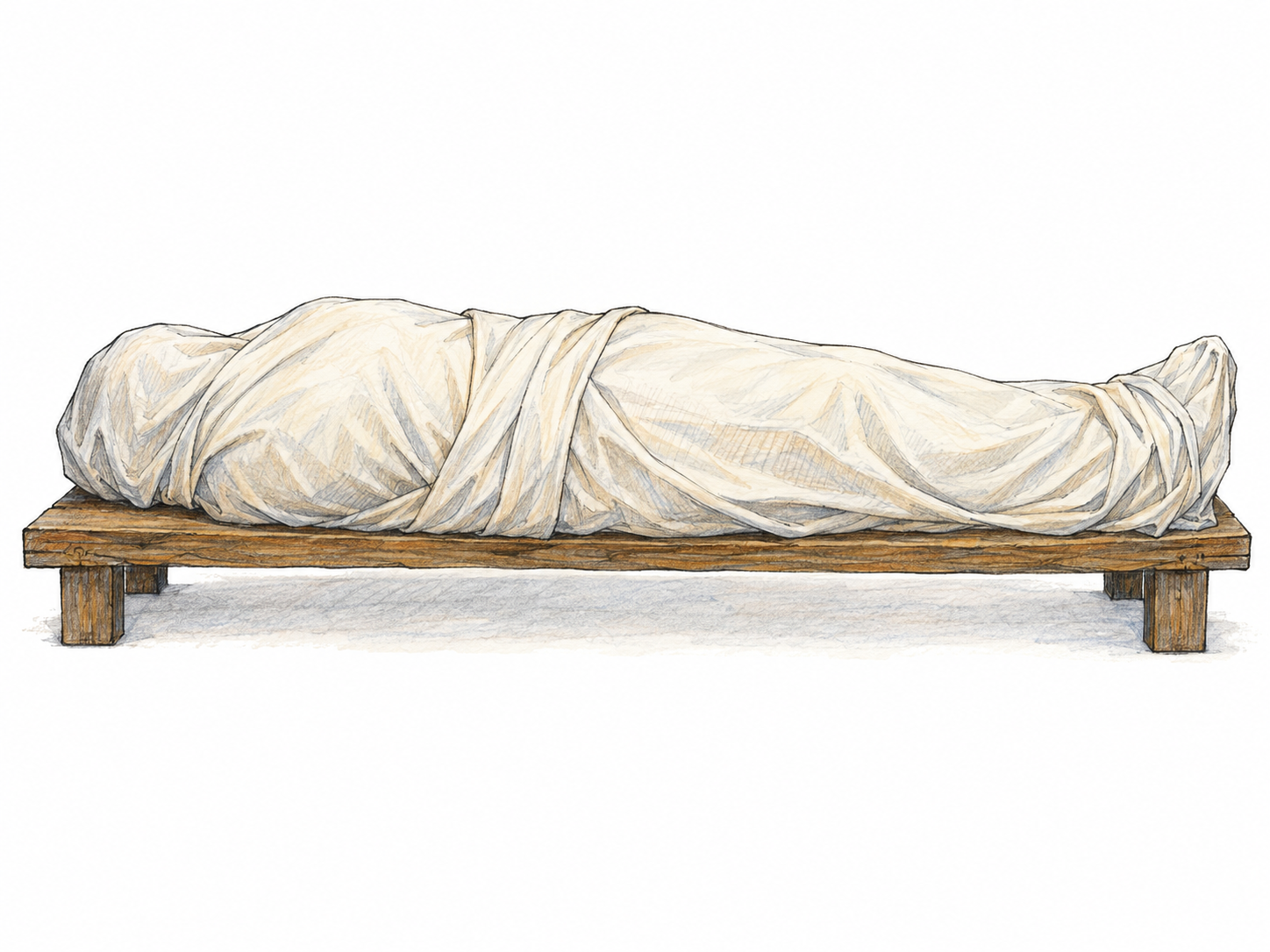 A plain burial cloth envelops a deceased woman on a simple low bier, with overlapping folds clearly showing how the cloth wraps the body.