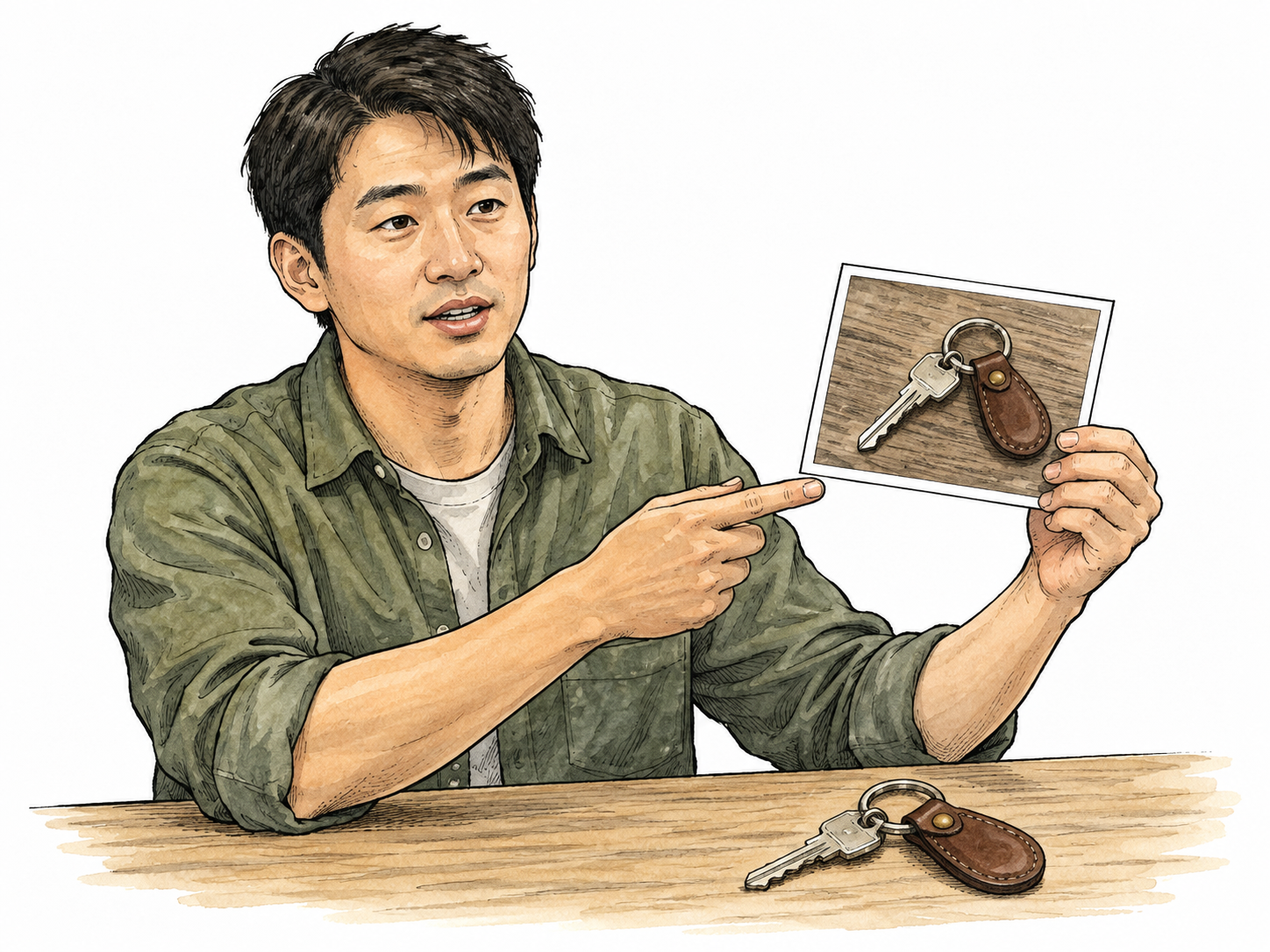 An East Asian witness calmly shows a matching photograph and physical object to support a believable account.