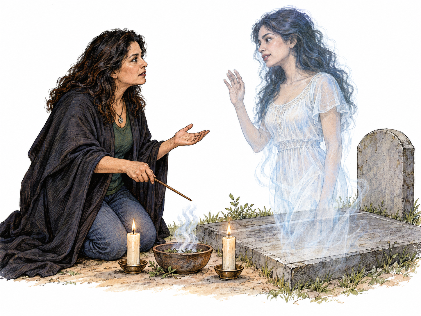 A magician conducts a ritual beside a grave and exchanges a short question and answer with the translucent spirit rising from it.