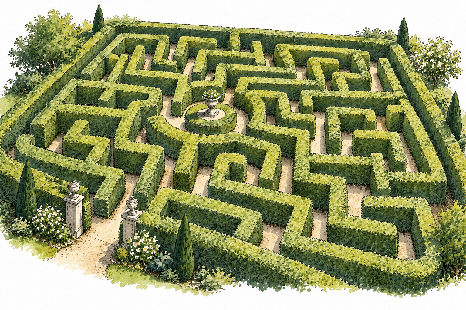 A bird's-eye garden hedge maze with confusing branching paths and dead ends, no text.