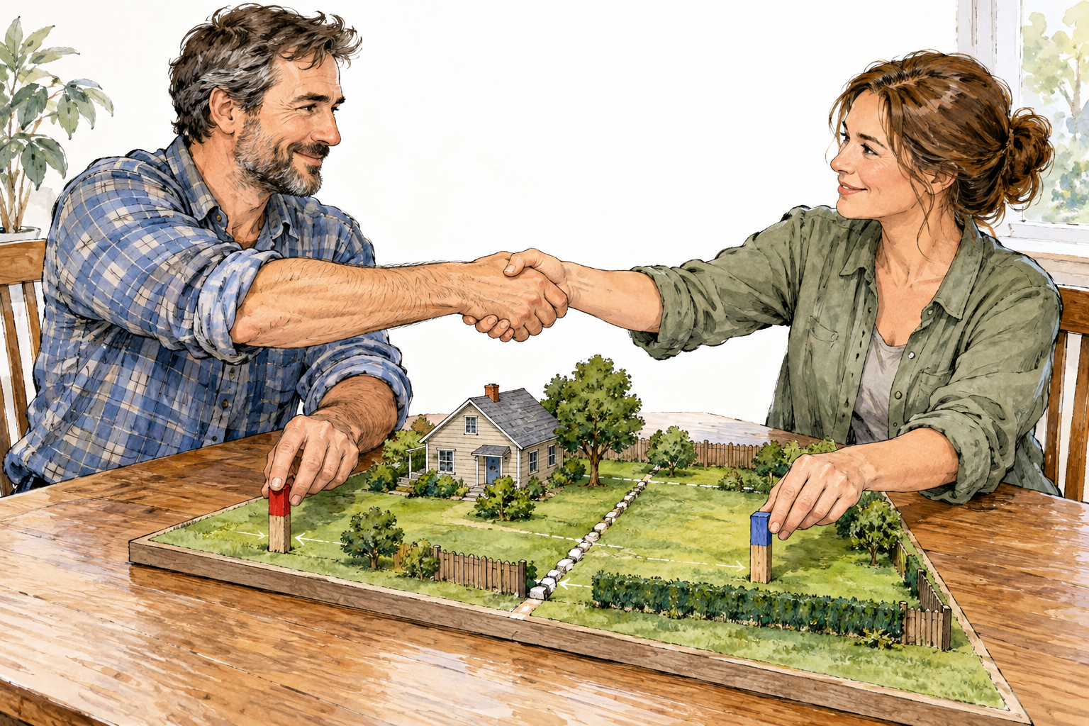 Two negotiating adults move their proposed boundary markers toward compromise and shake hands, one yields some ground, small tabletop property model.