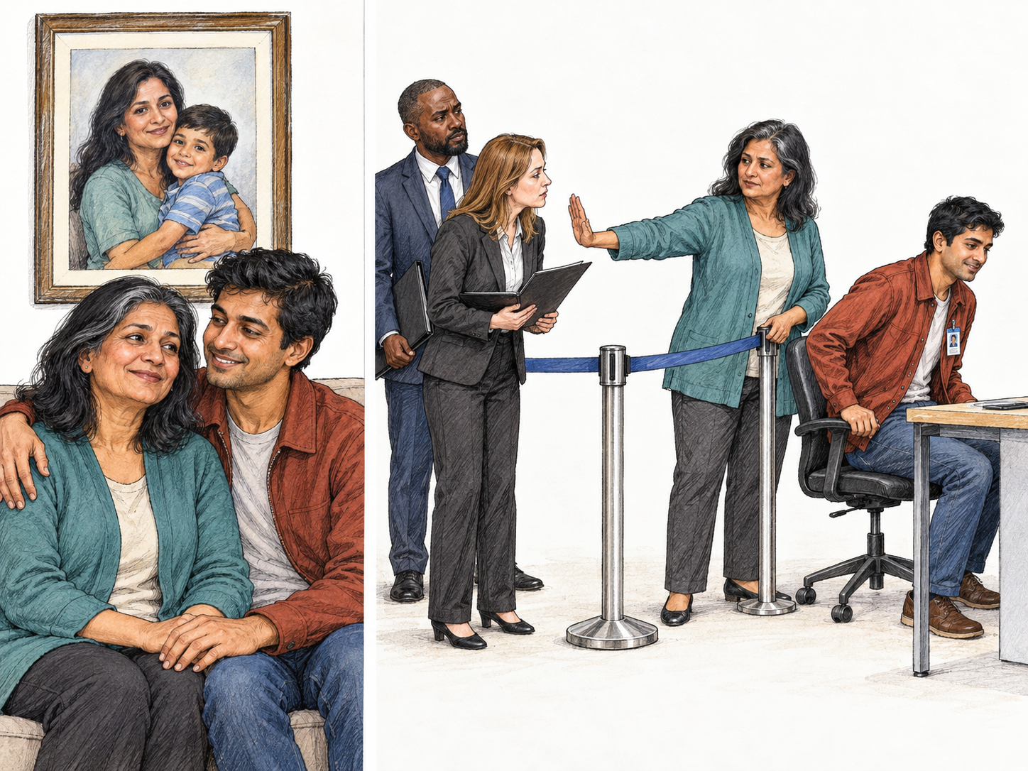 A compact two-scene sequence establishes a mother–son relationship, then shows the mother personally taking her son past waiting job applicants into the vacant office chair while blocking the applicants from following.