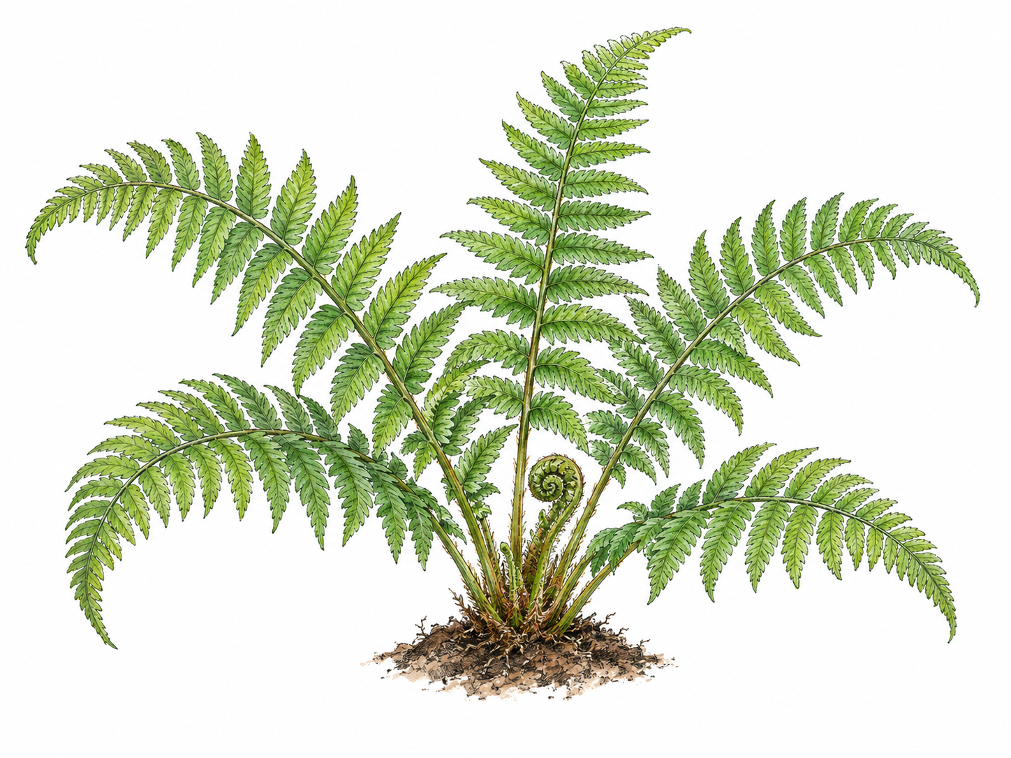 One living green fern, with arching featherlike fronds and a small curled emerging frond, isolated on white with only a little soil at its base.