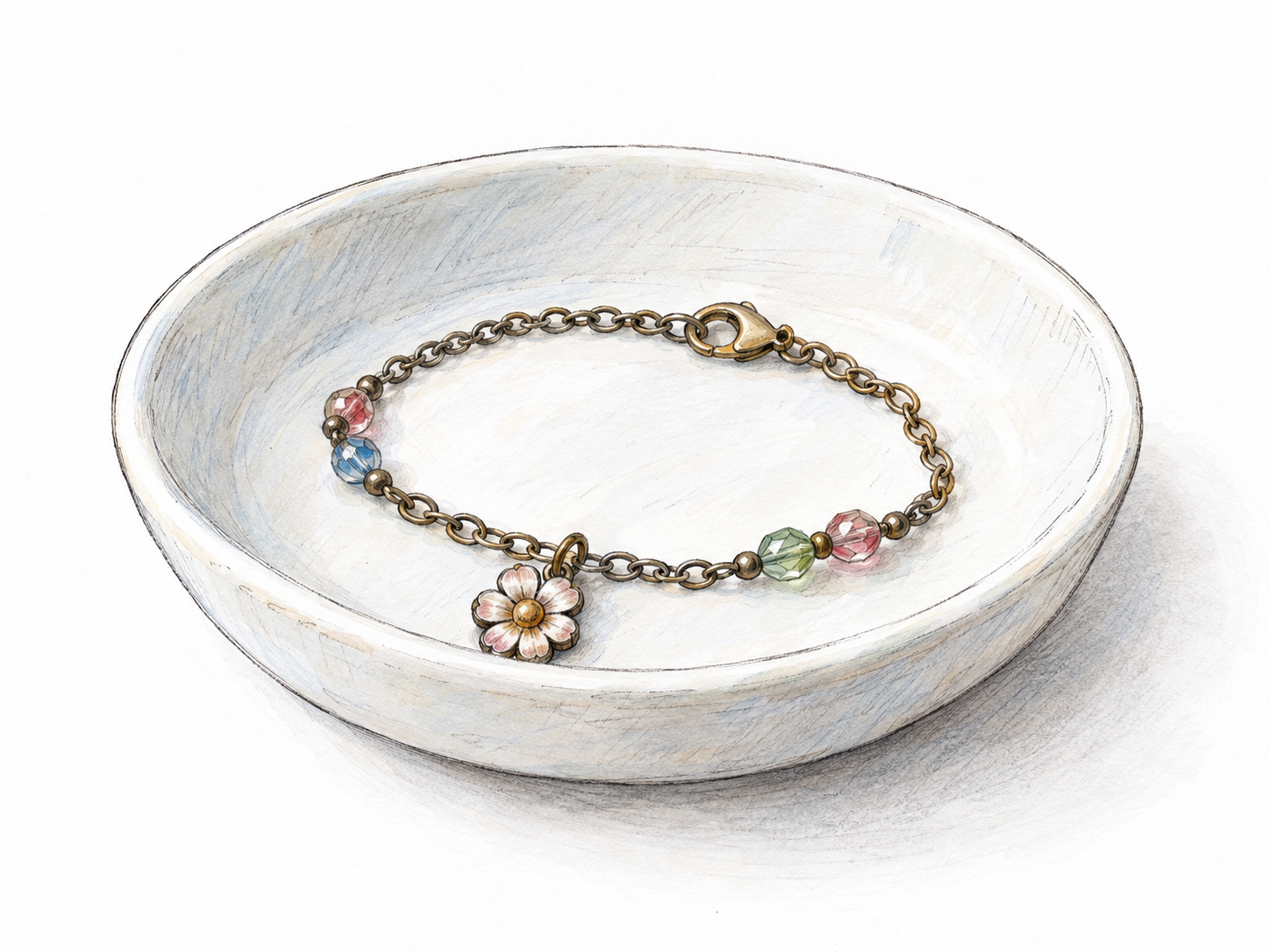 A modest costume-jewelry bracelet with a tiny painted metal flower charm and simple colored beads, resting loosely on a plain shallow dish.