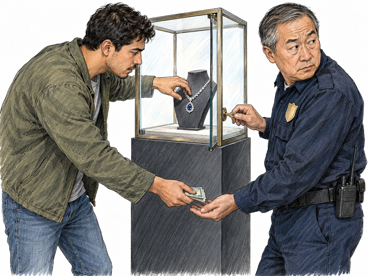 A man secretly pays a museum security guard to unlock a jewelry display case for him; the cash exchange and unauthorized access make the procurement of wrongdoing visible together.