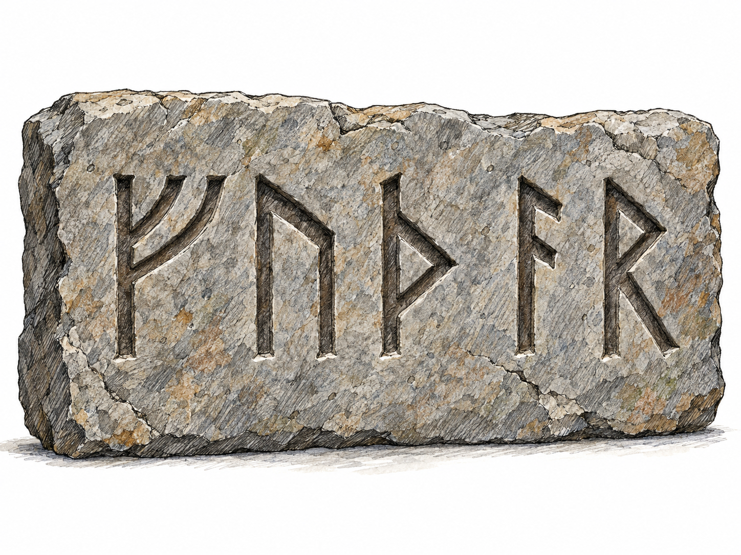 A close view of a weathered stone bearing a short row of clearly carved ancient Germanic runes, emphasizing their angular letterforms rather than fantasy ornament.