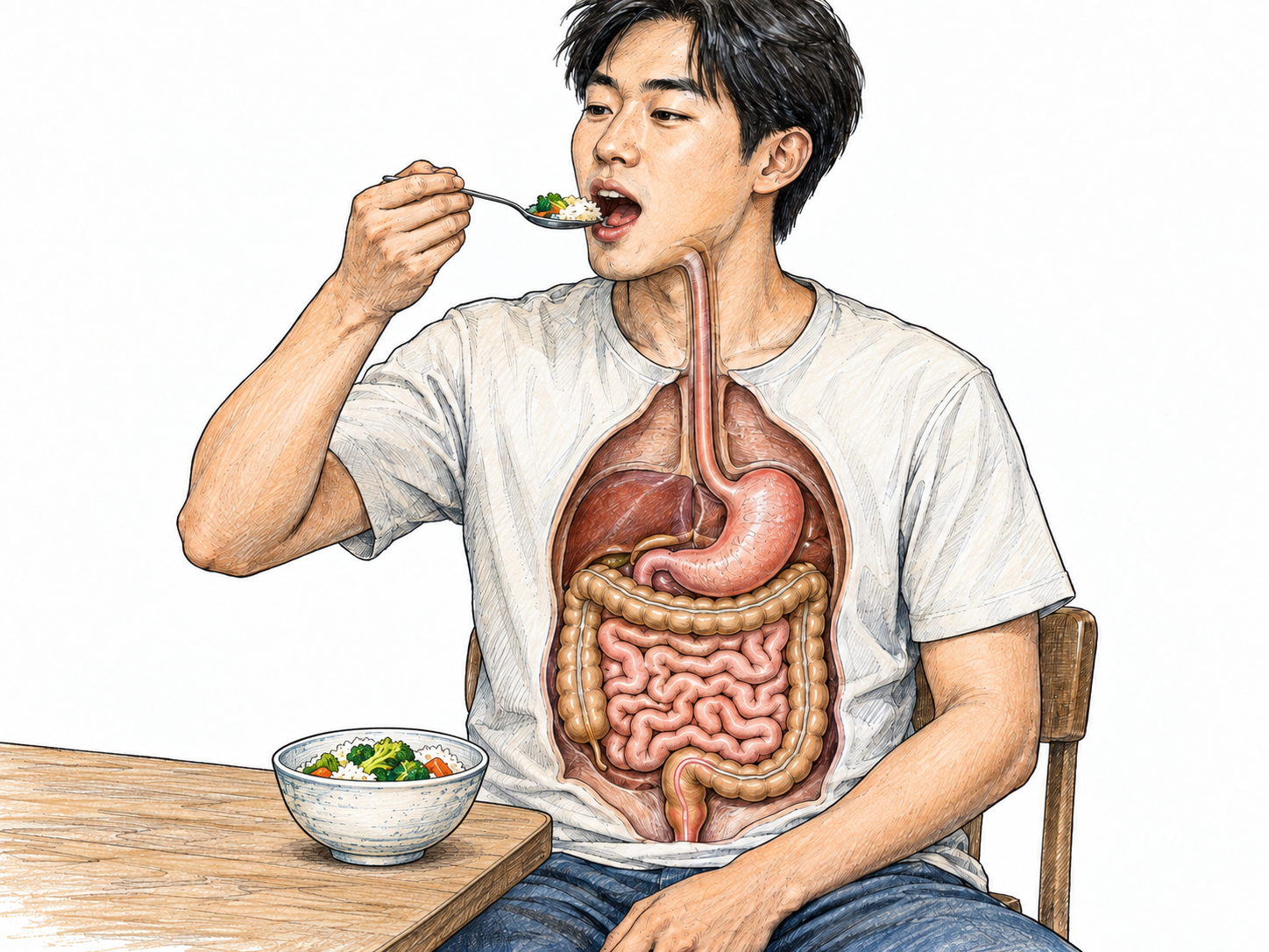A young adult man eating a spoonful of food, with a restrained anatomical cutaway showing the continuous digestive tract from mouth through esophagus, stomach and intestines.