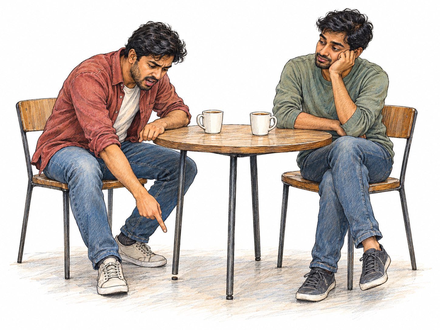 At a small café table, a young man keeps complaining about a slightly wobbly table, pointing at its short leg while his companion listens with patient weariness.
