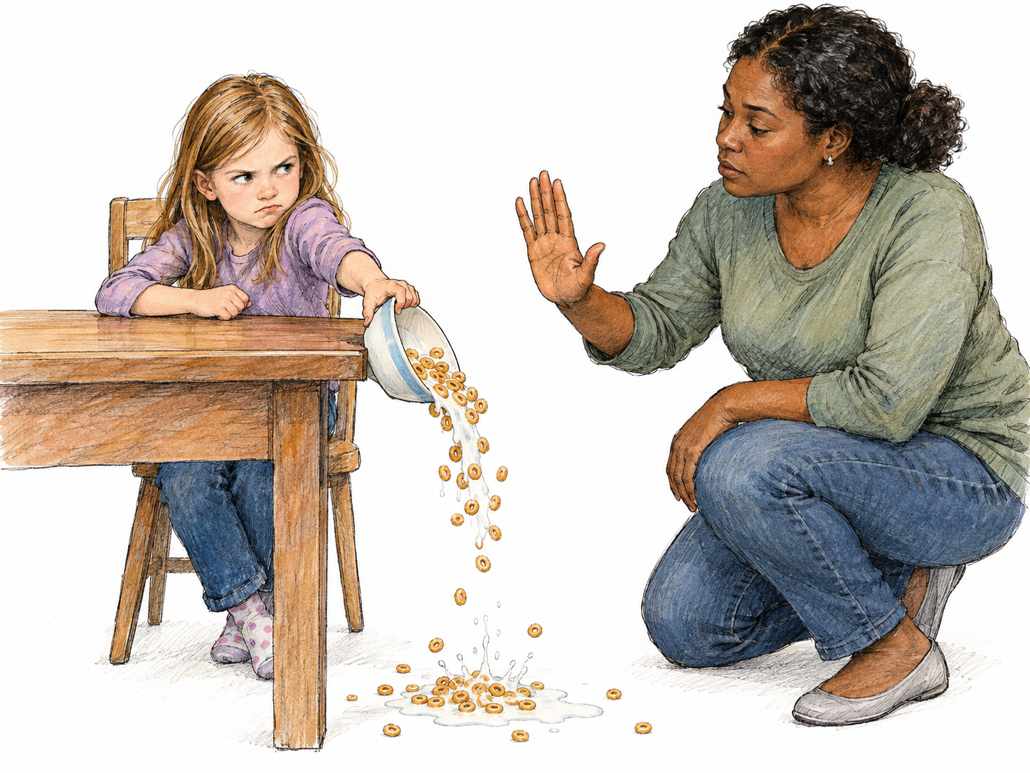 A child deliberately tips a bowl of cereal onto the floor while looking defiantly at a caregiver who gestures for her to stop.