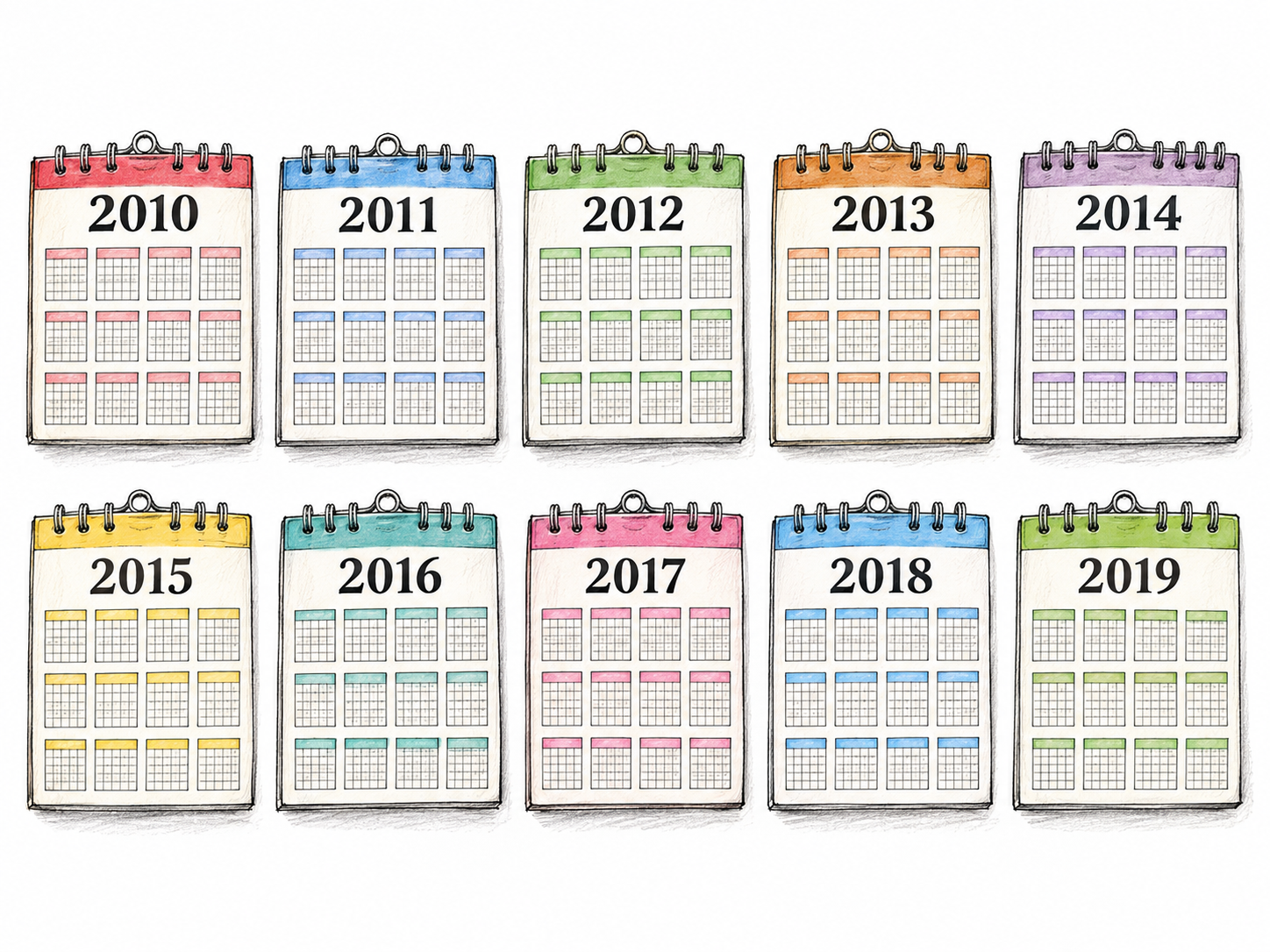 Ten miniature annual calendars arranged as one compact group, bearing consecutive years 2010 through 2019, make a ten-year period visible.