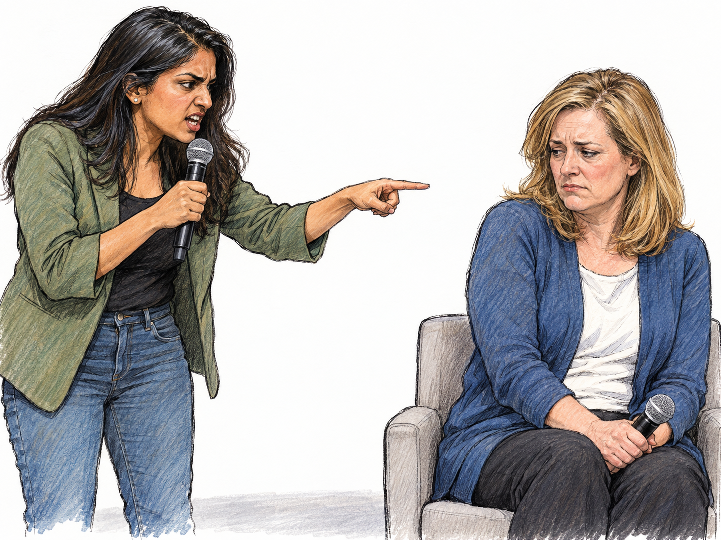 A speaker uses a microphone to deliver a visibly contemptuous, accusatory attack on a seated panelist, who remains silent and visibly wounded.