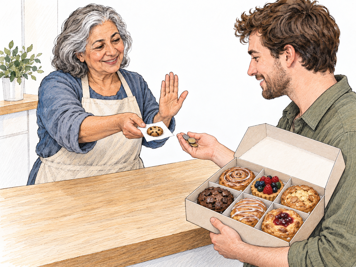 At a bakery counter, a customer pays for a full box of pastries while the baker adds a separate small cookie as an extra gift.